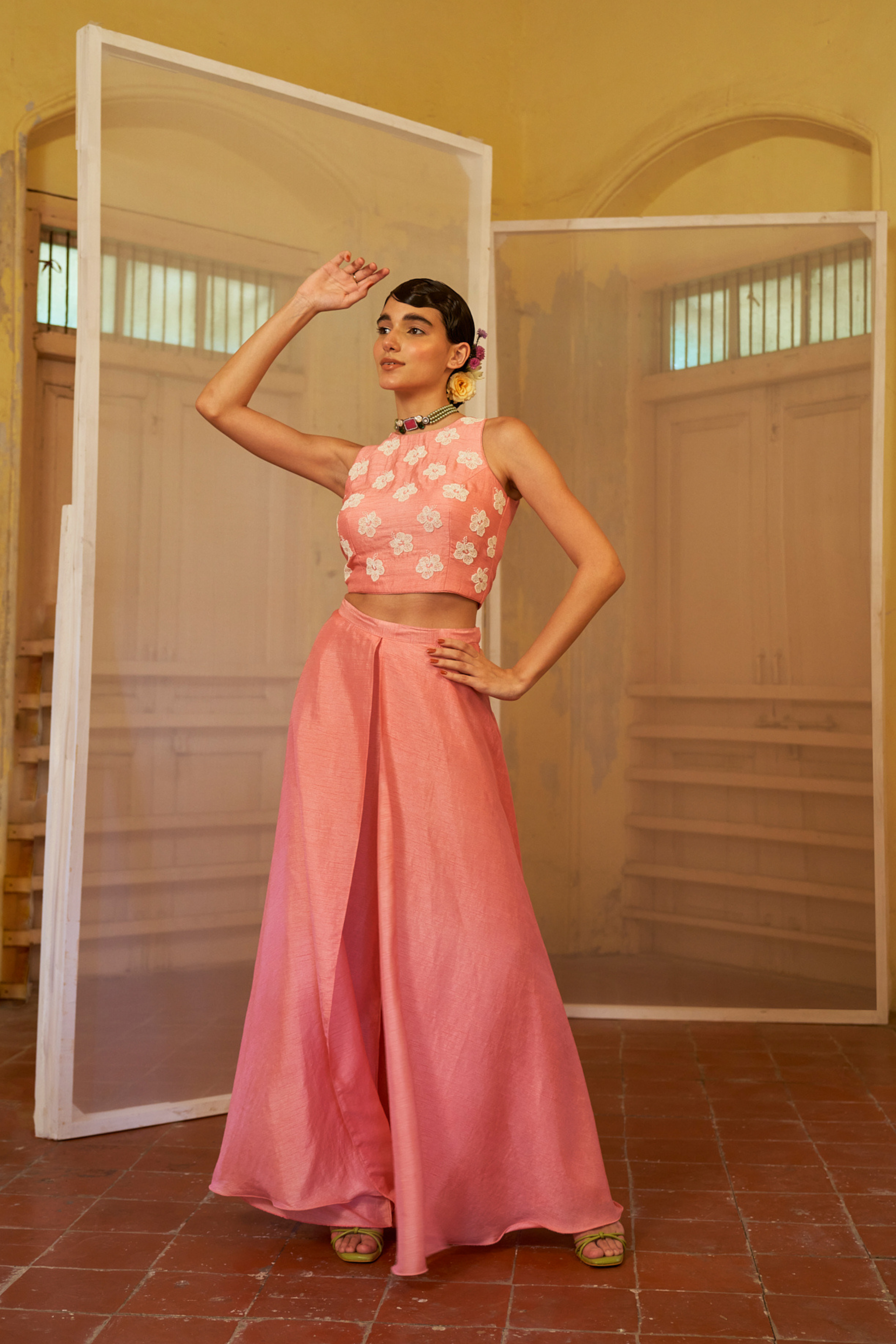 Mona Vishu Pink Crop Top Palazzo Set Elahe