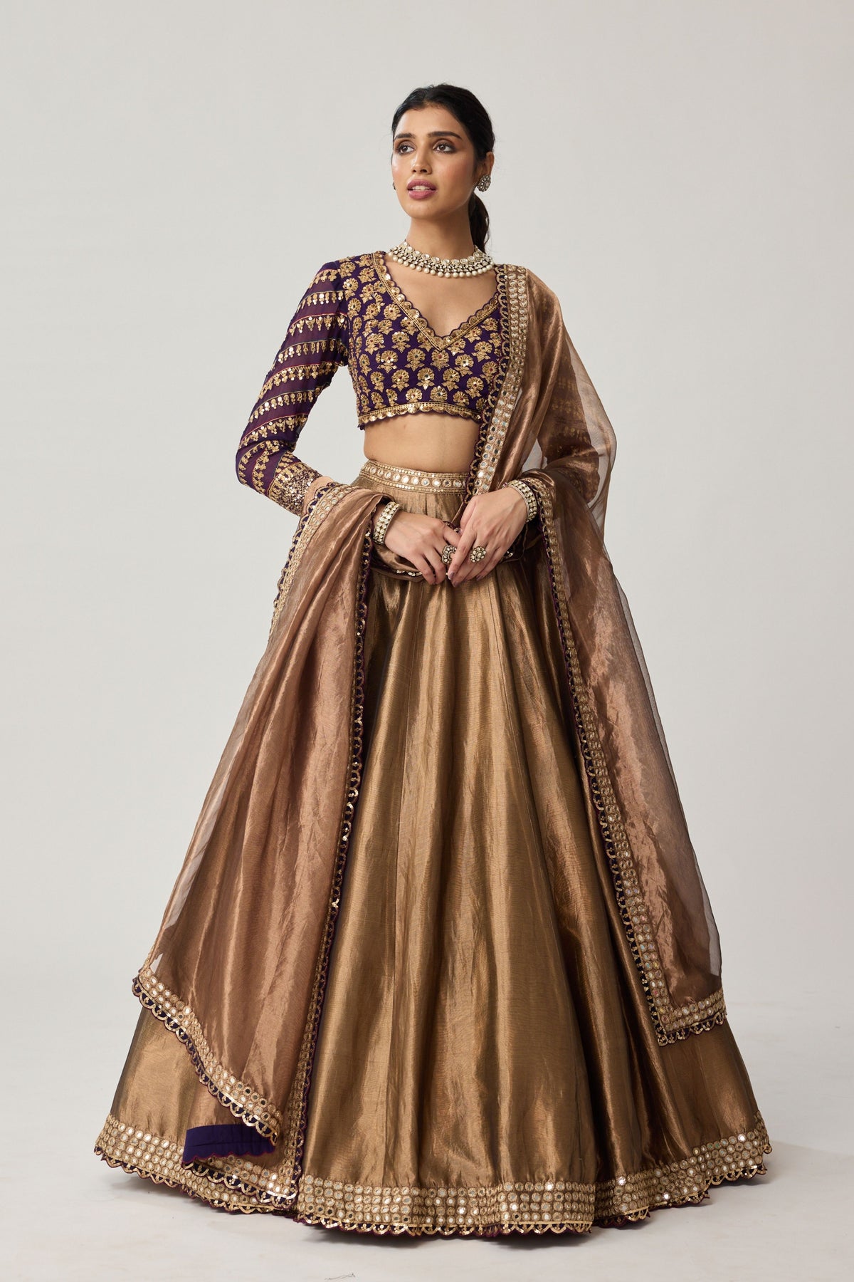 Copper Tissue Mughal Lehenga Set