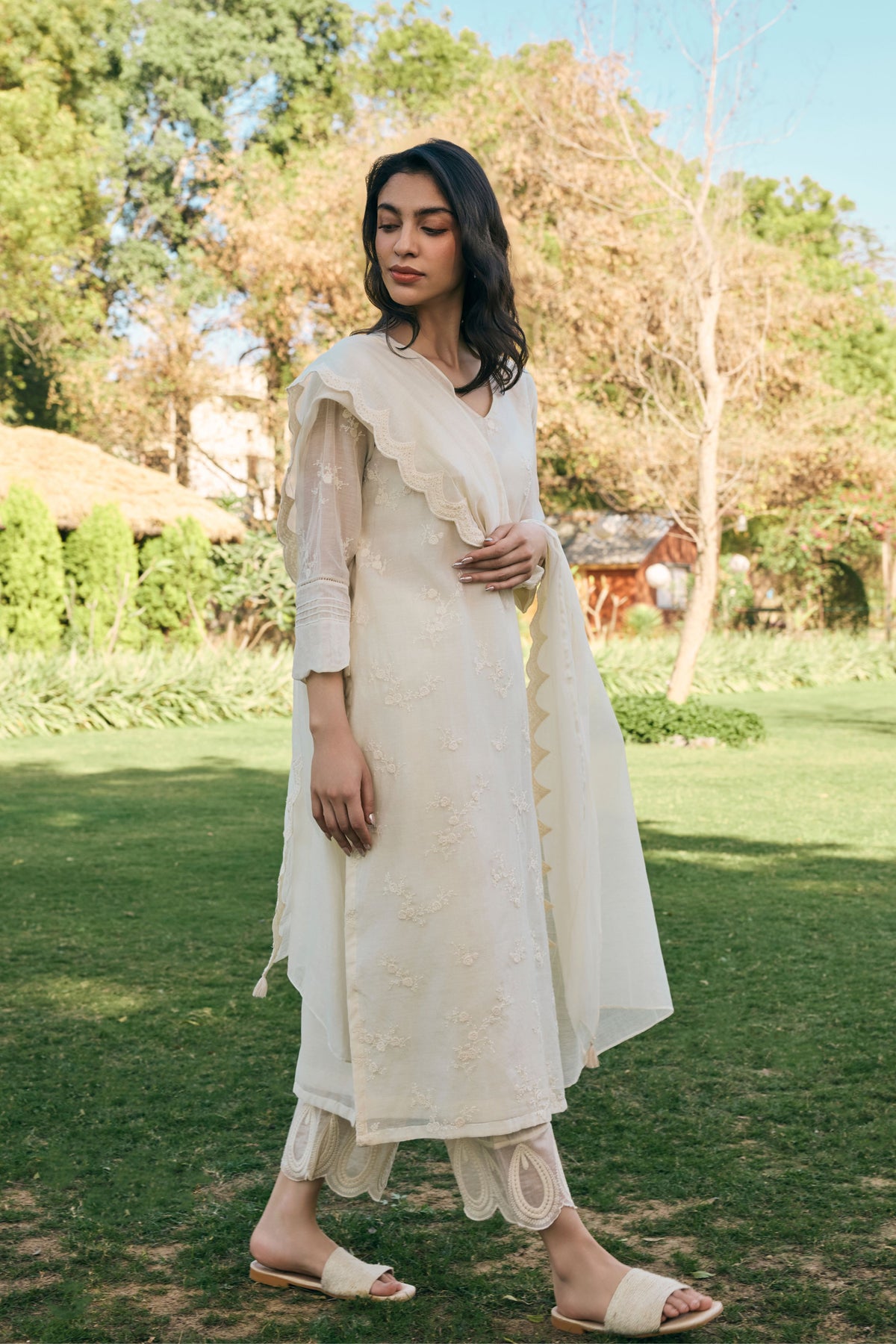 Ecru Embroidered Kurta Set