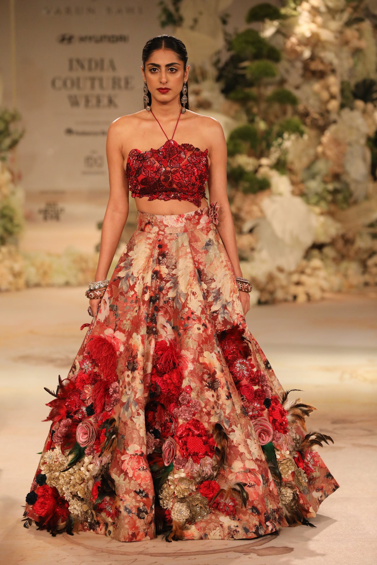 Red Printed Corsage Lehenga Set