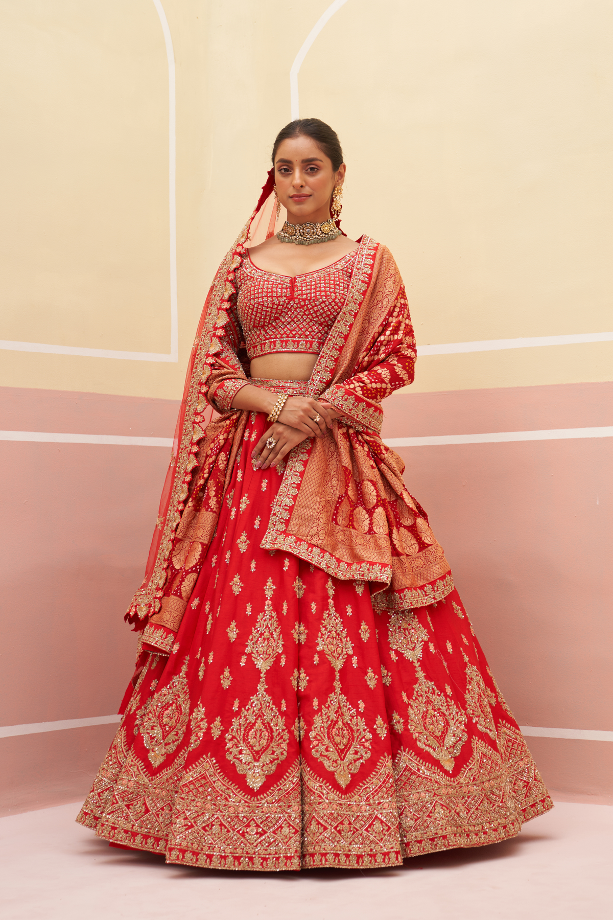 Embroidered Red Raw Silk Lehenga Set