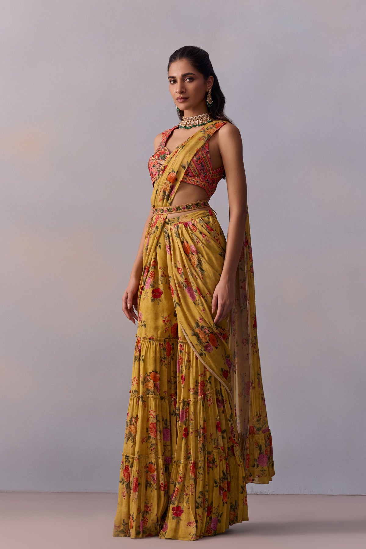 Yellow Sabia Pre-draped Saree Set