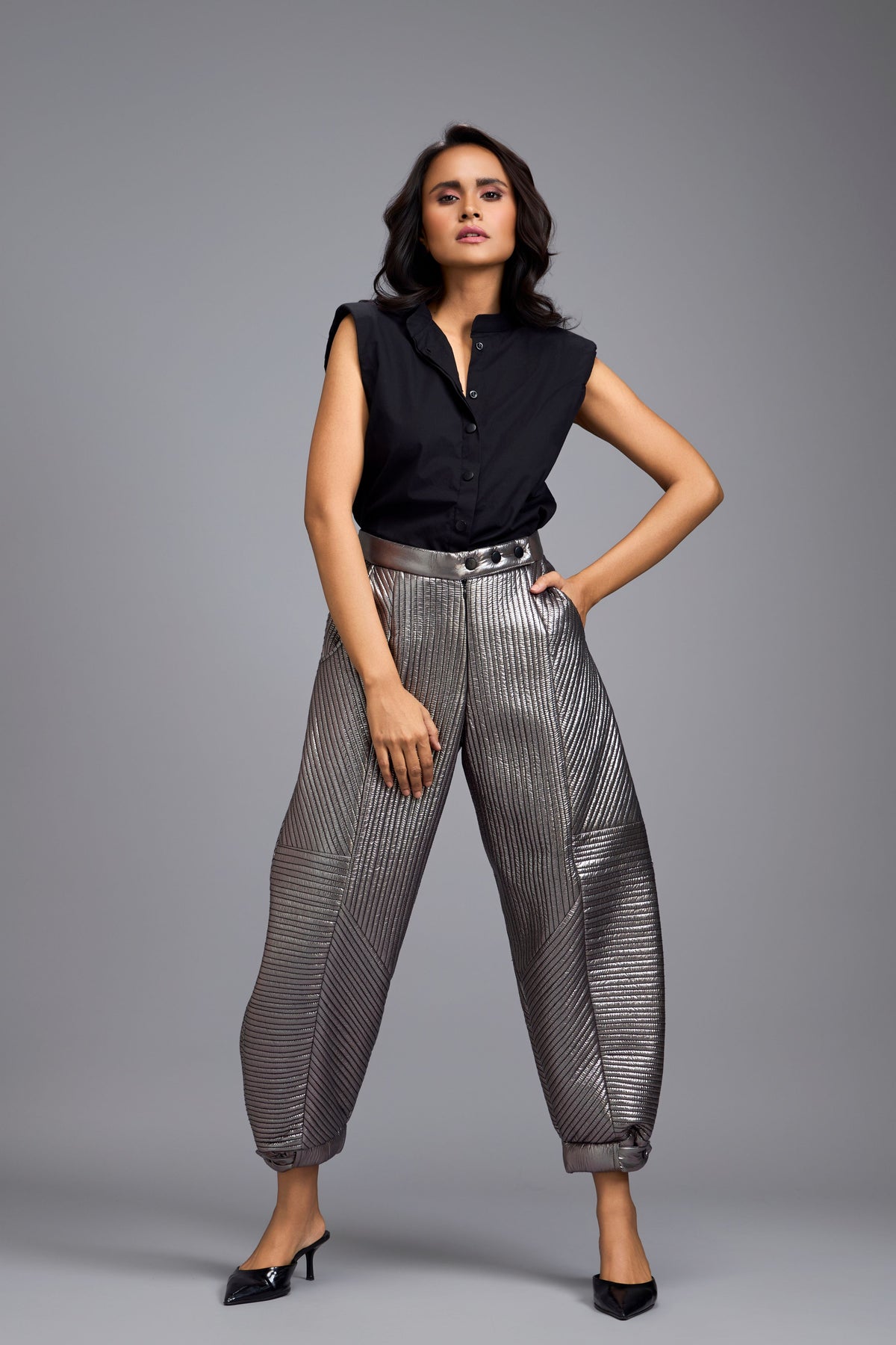 Metallic Gunmetal Quilted Pants