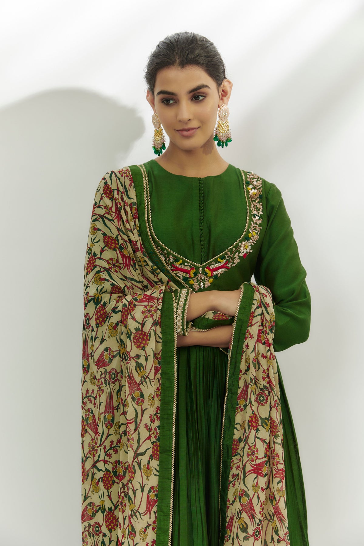 Dark Green Embroidered Anarkali Set