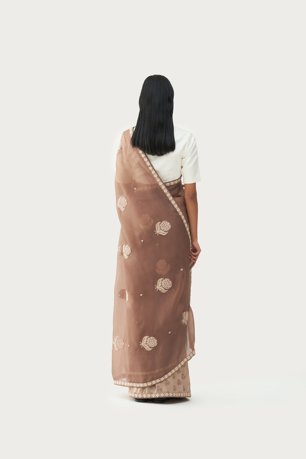 Niloufer millefluer mud brown embroidered saree