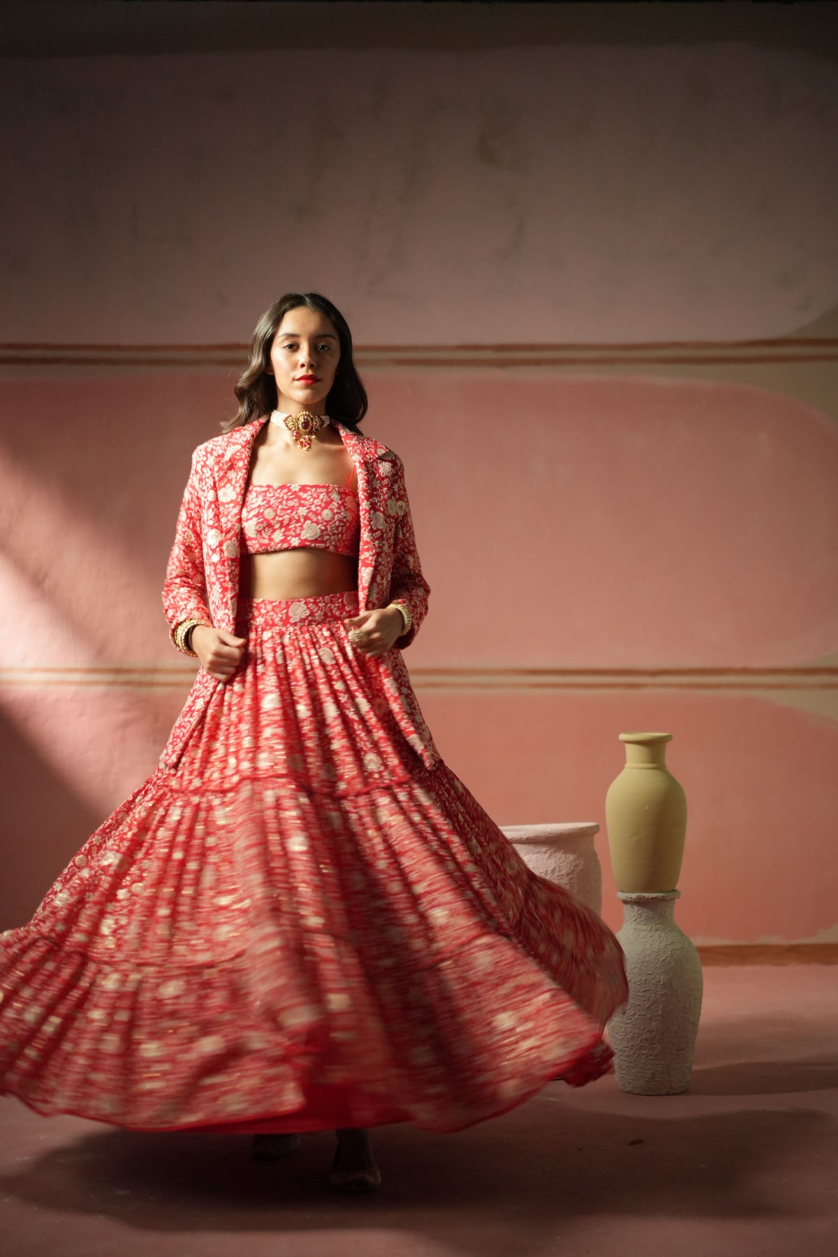 Red Chikankari Jacket Lehanga Set