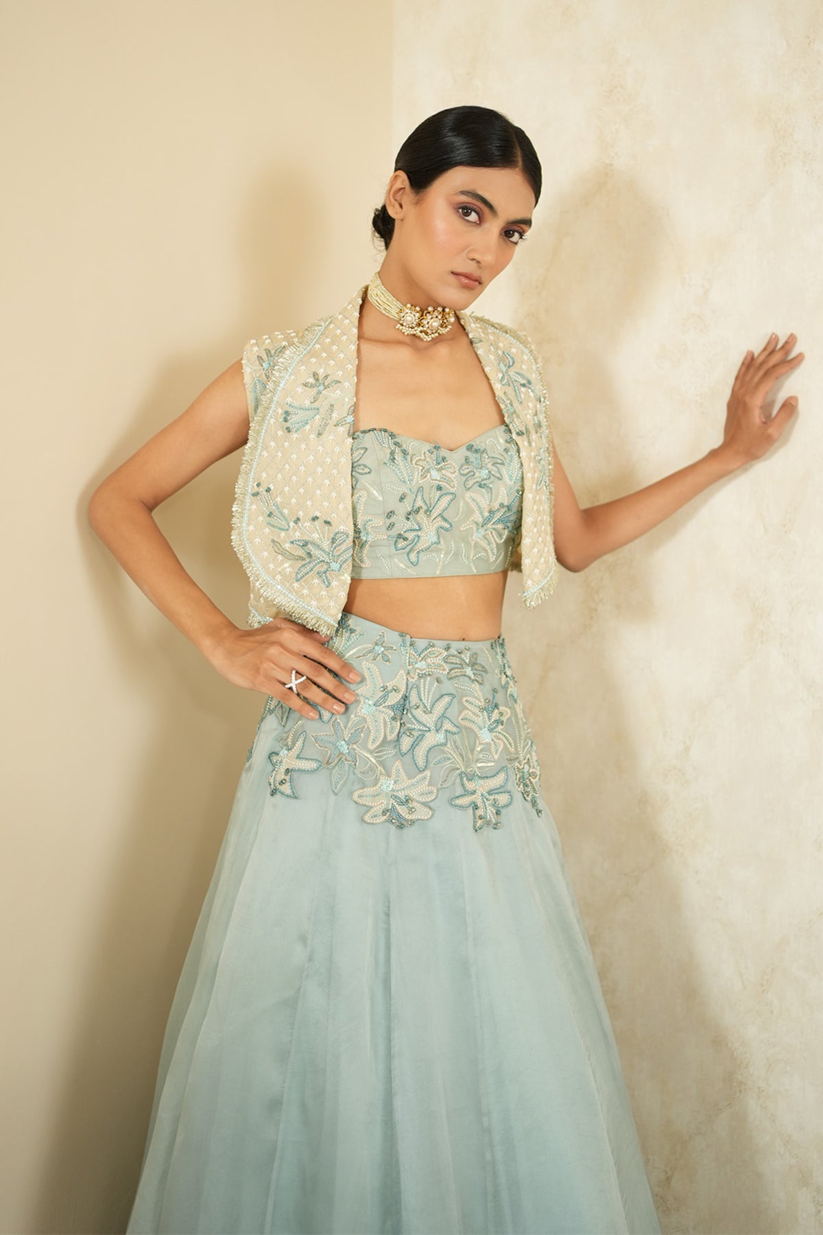 Akira Gilet With Aasmani Zanbaq Lehenga