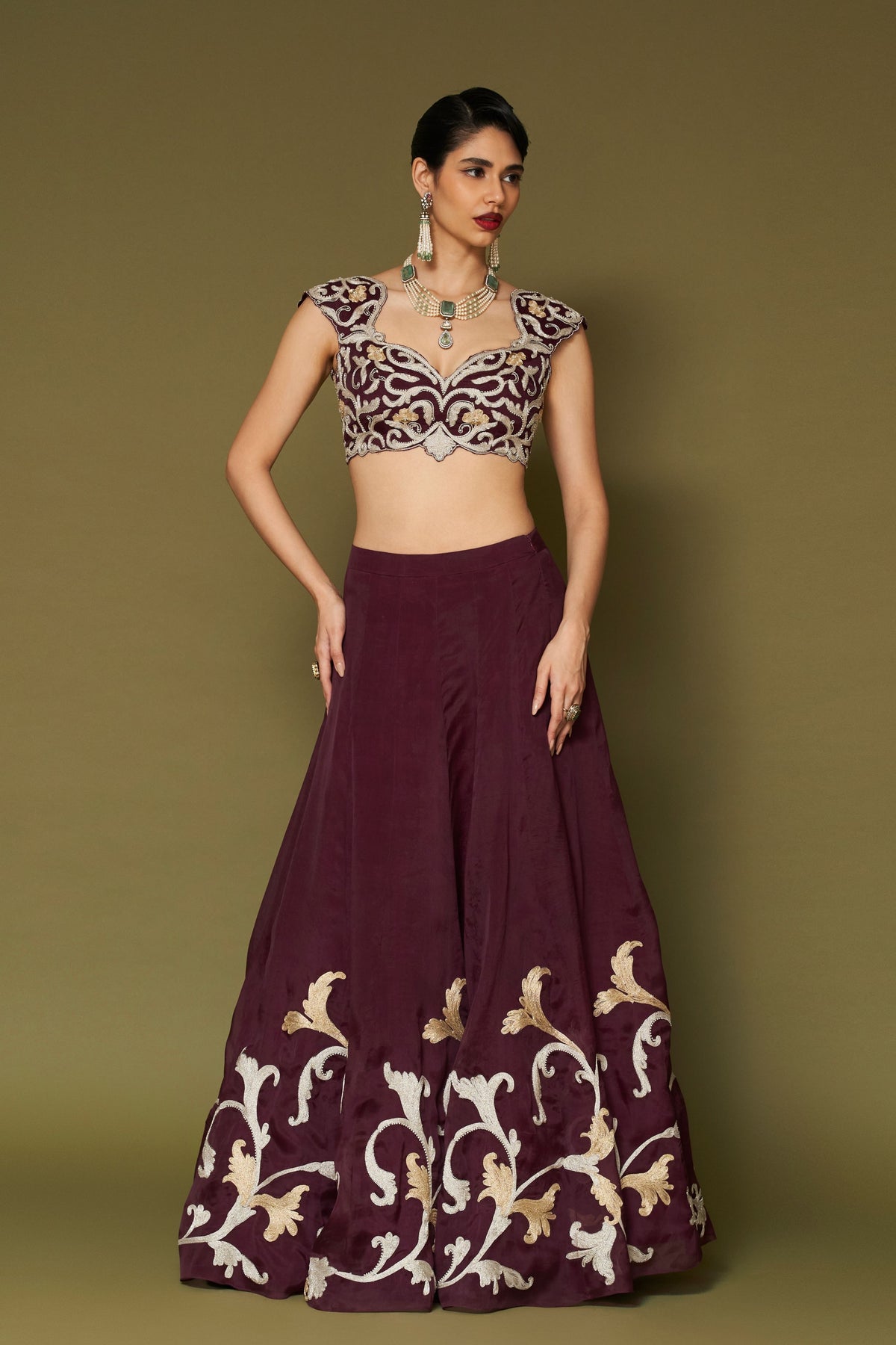 Wine Silk Organza Lehenga Set