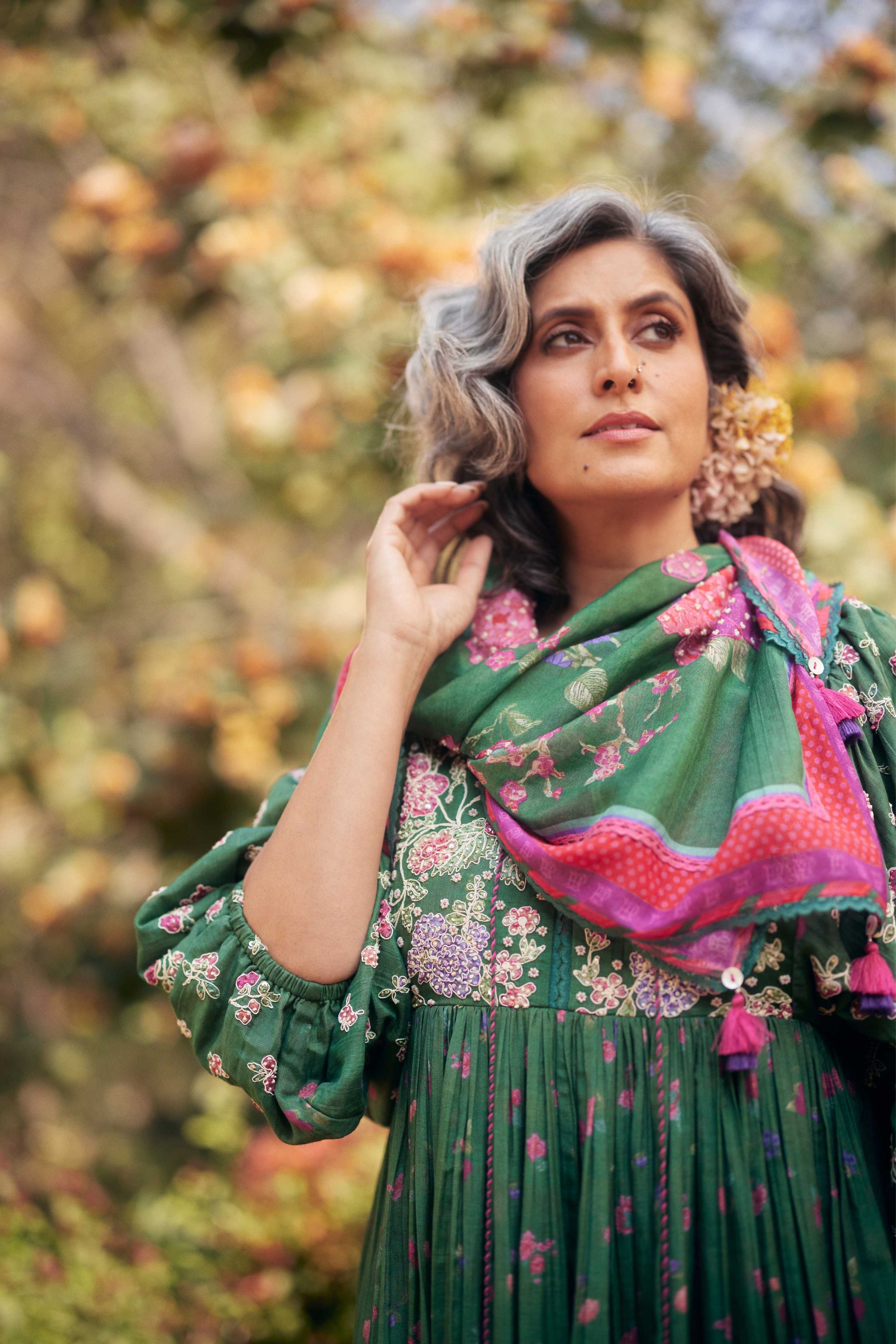 Paulmi and Harsh Fern Green Floral Printed Chanderi Maxi Dress M Paulmi and Harsh Fern Green Floral Printed Chanderi Maxi Dress M
