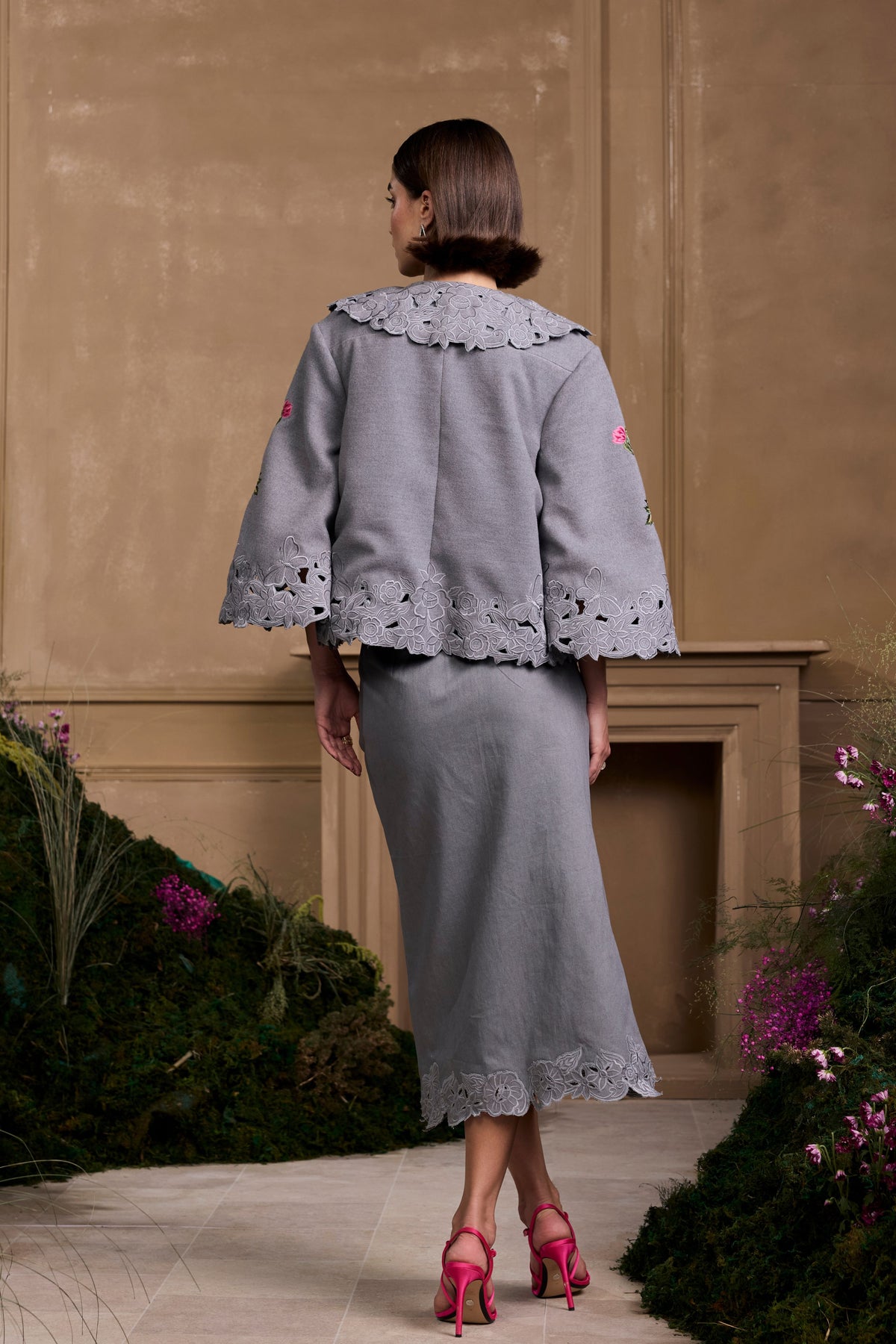 Grey Cutwork Midi Skirt