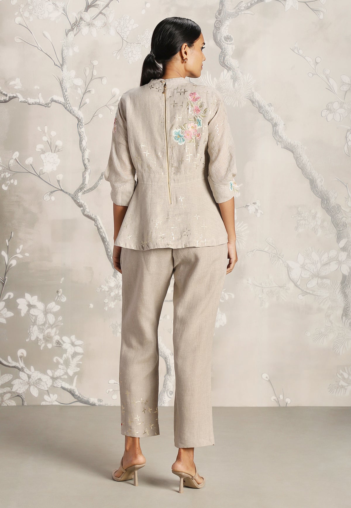 Natural Corsage Peplum Top and Pant Set