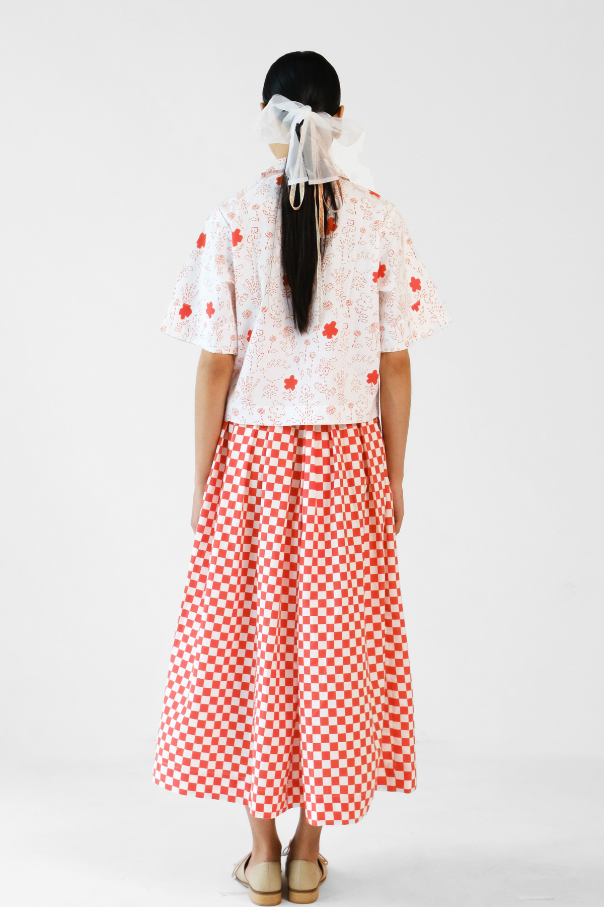 Red Checks Printed Skirt Set