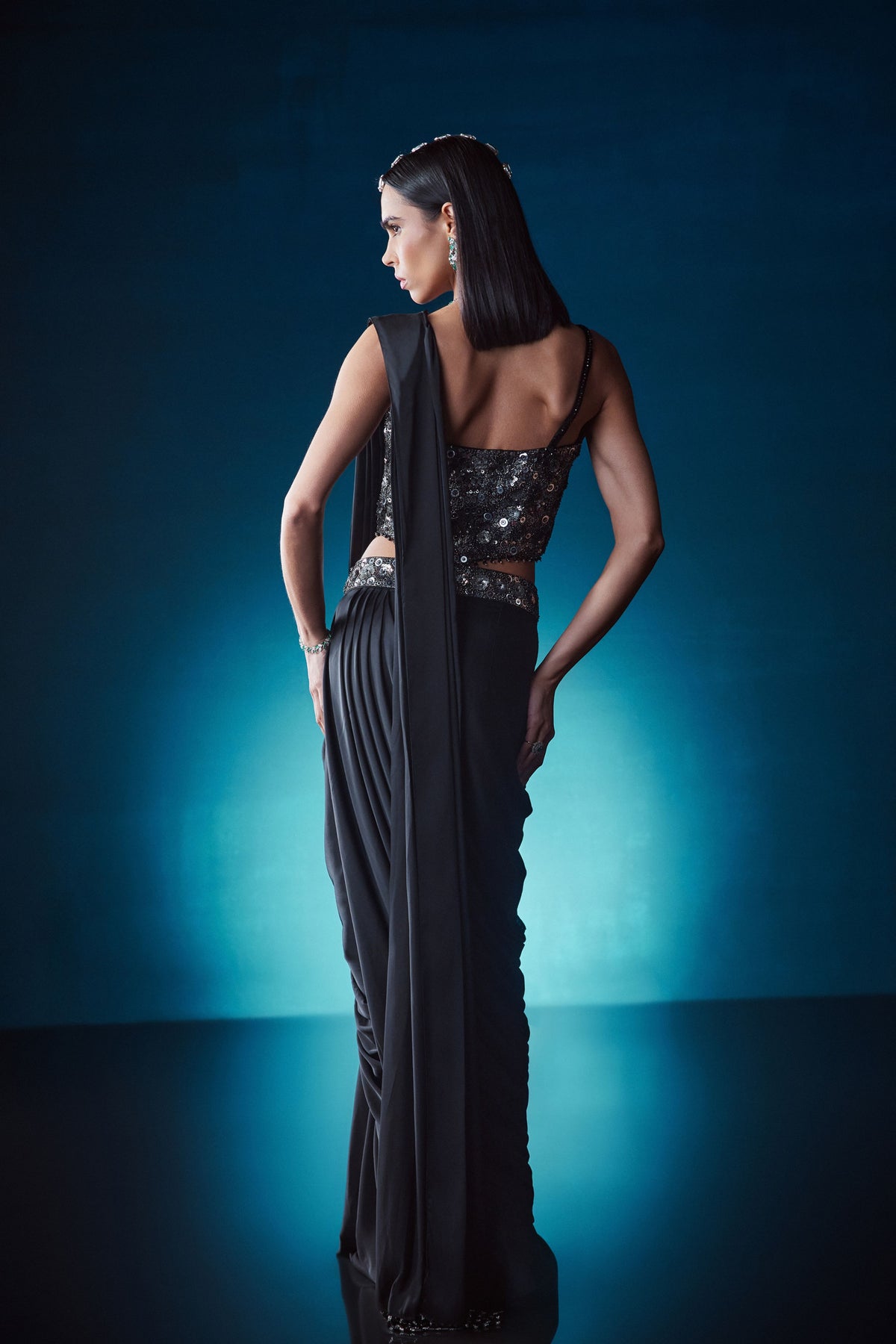 Black Drape Saree Set