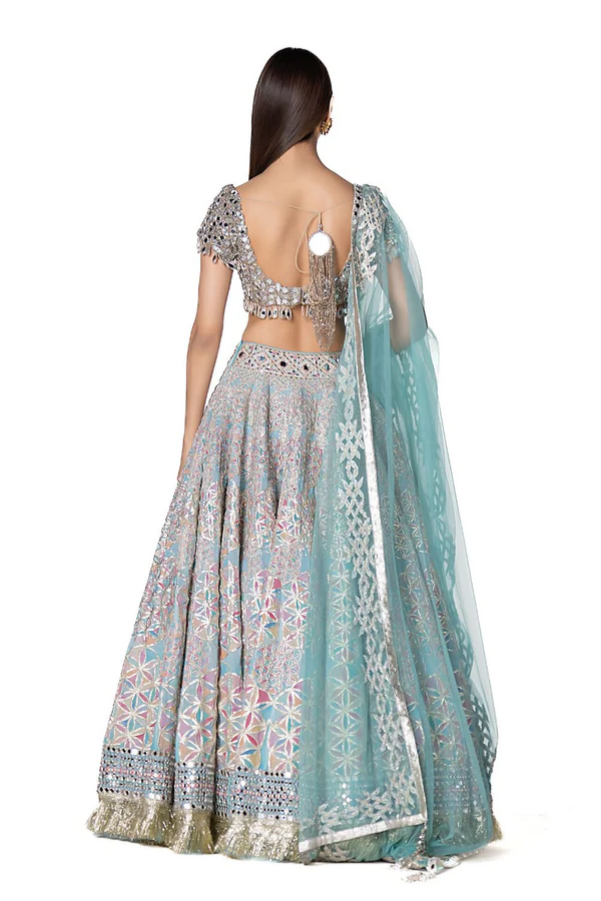 Aqua Coloured Geometric Patterned Lehenga Set