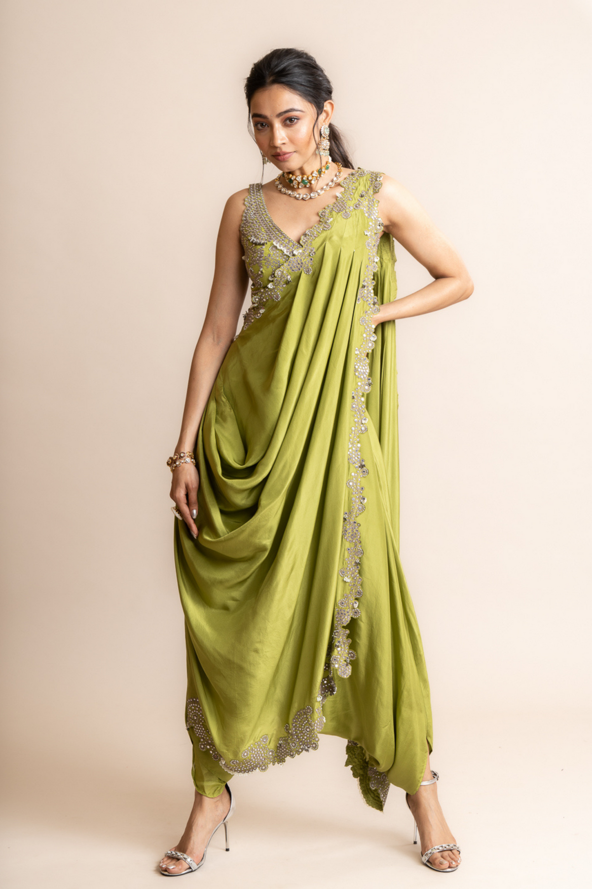 Pista Green Pre-draped Sari Set