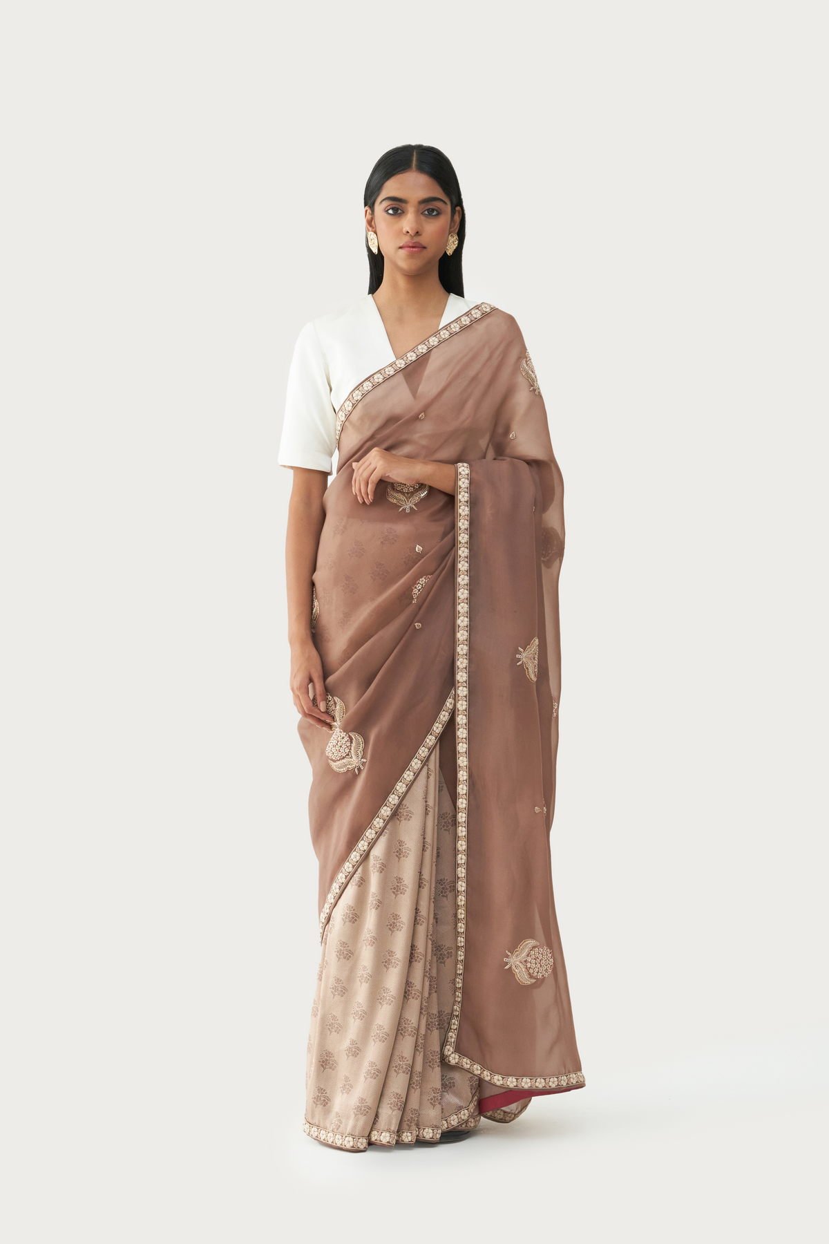 Niloufer millefluer mud brown embroidered saree