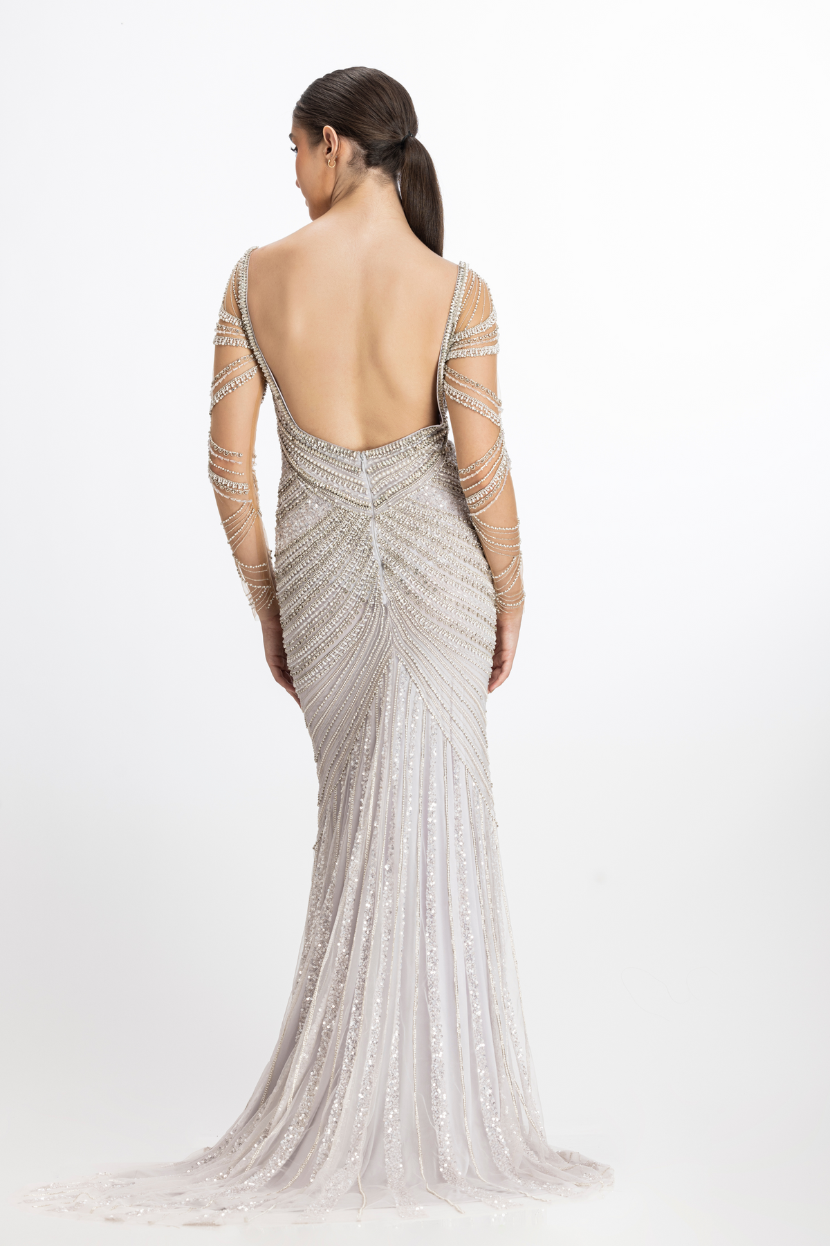 Silver lilac pearl finish gown