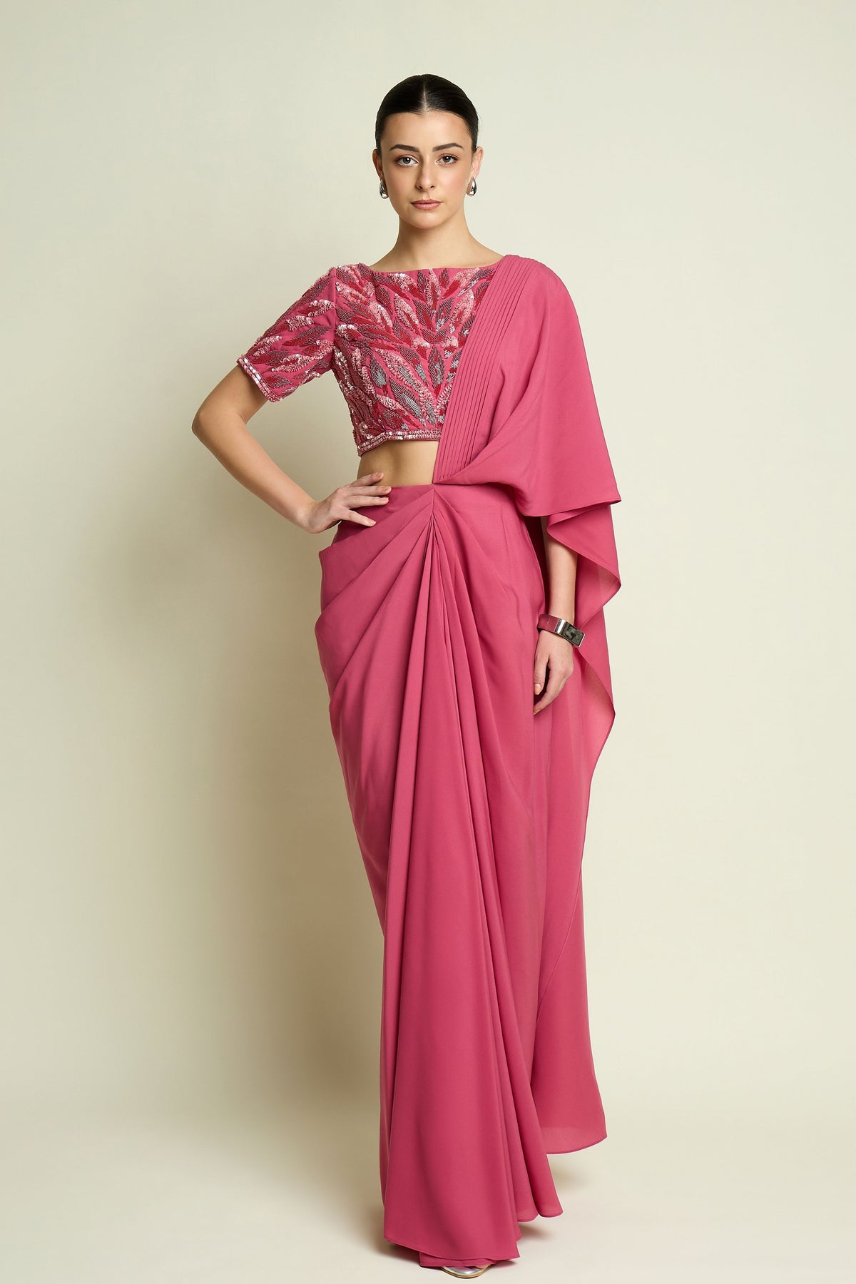 Pastel Pink Draped Saree Set