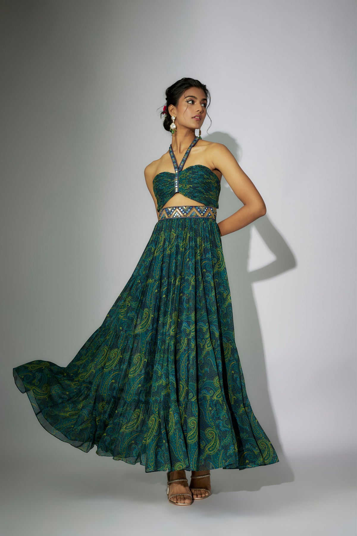 Green Printed and Embroidered Dress