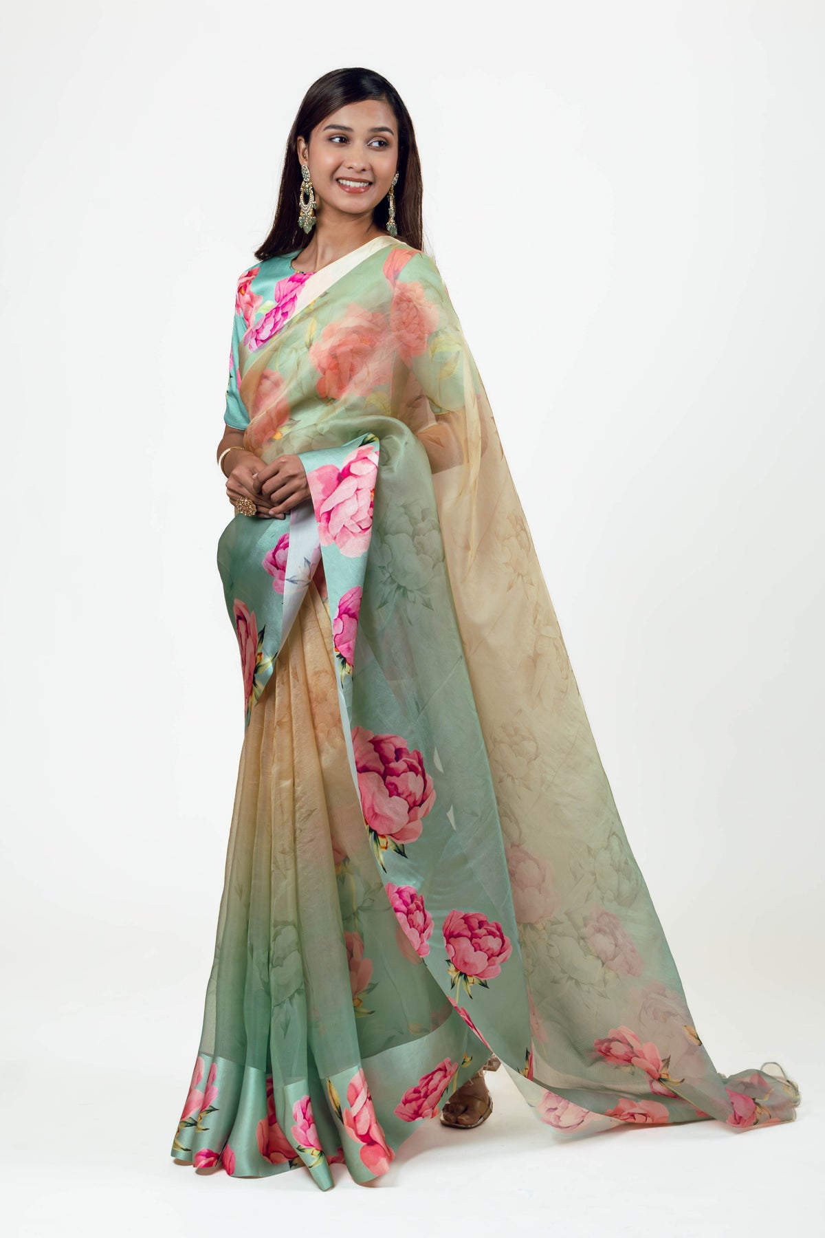 Monica Aqua Yellow Organza Saree