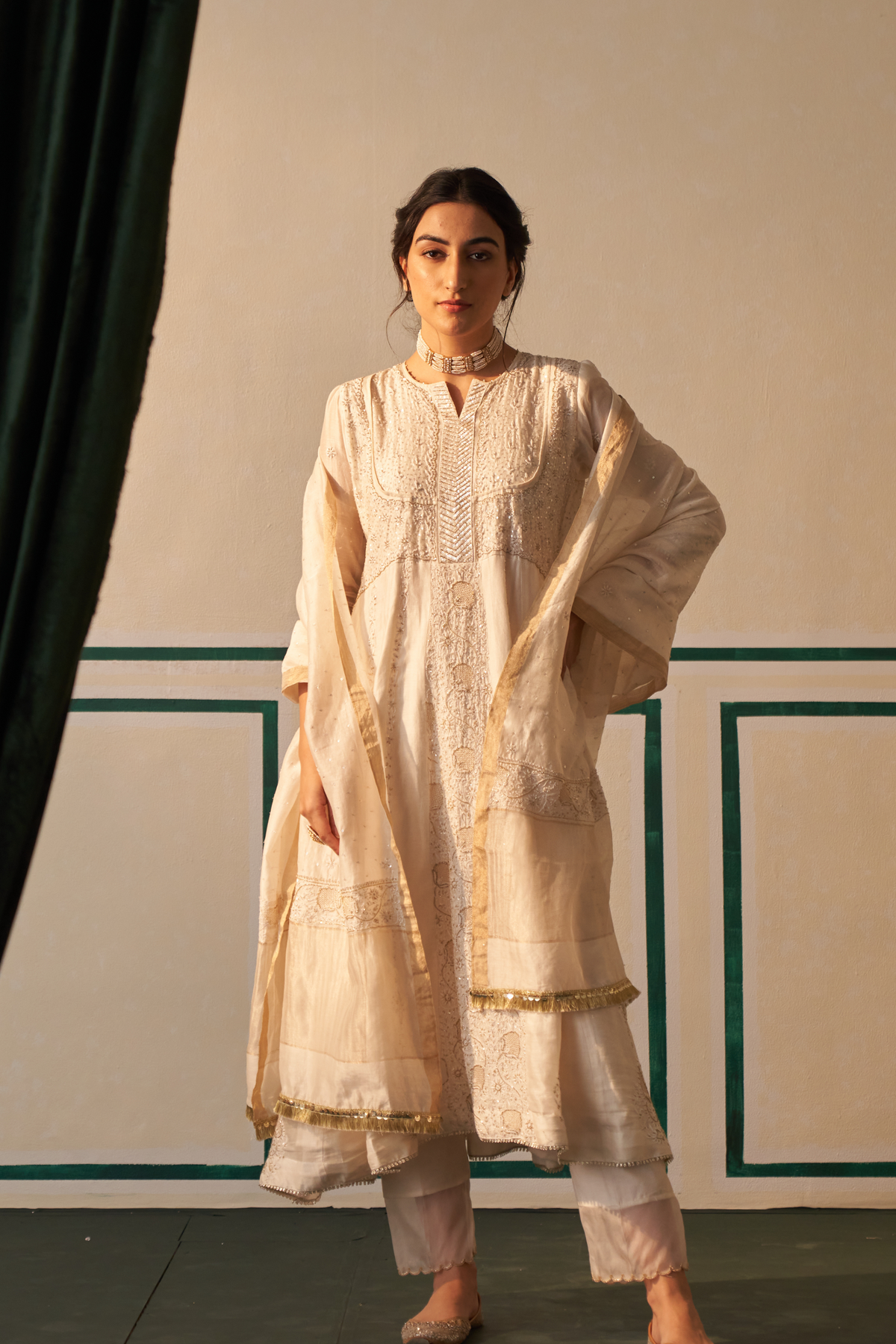 White Chanderi Anarkali Set