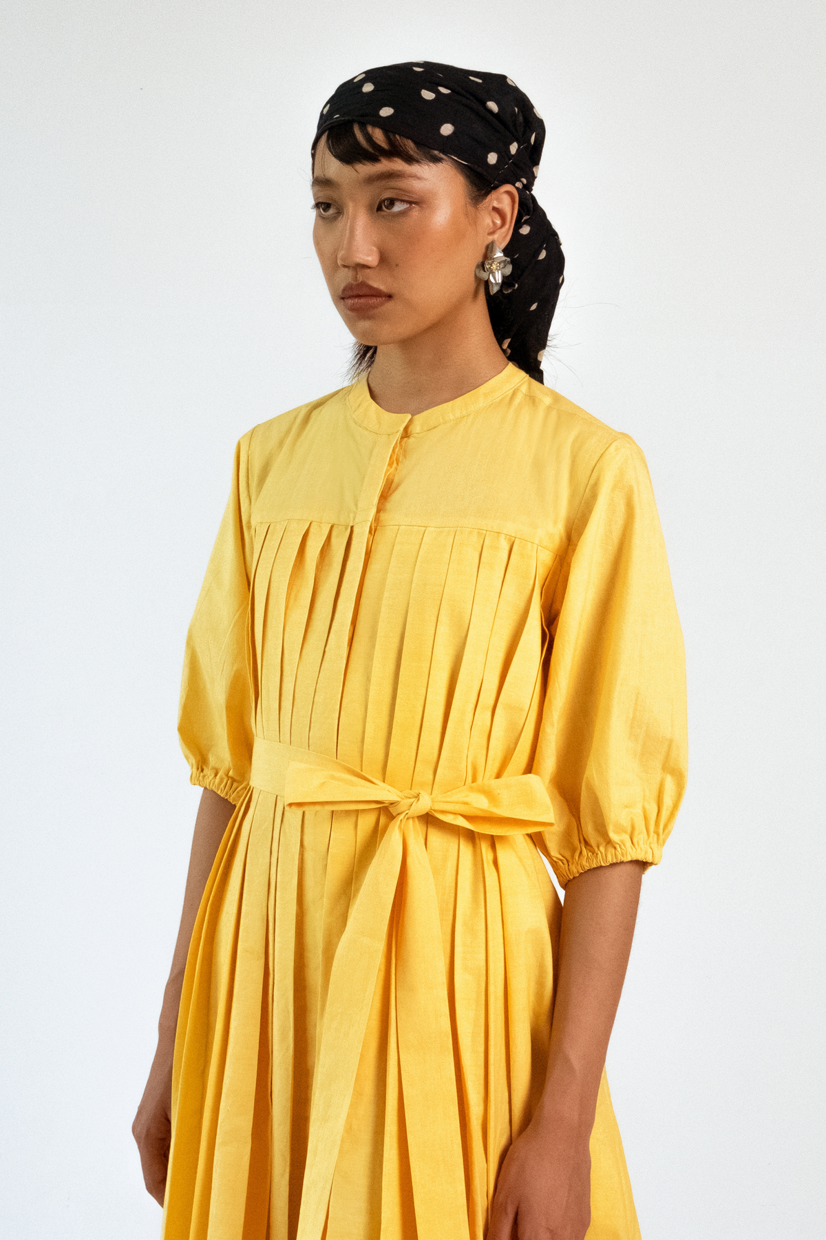 Yellow Pleated Belt Dress
