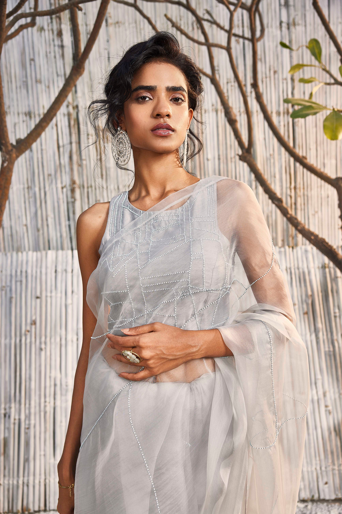 Steel Grey Organza Saree Set