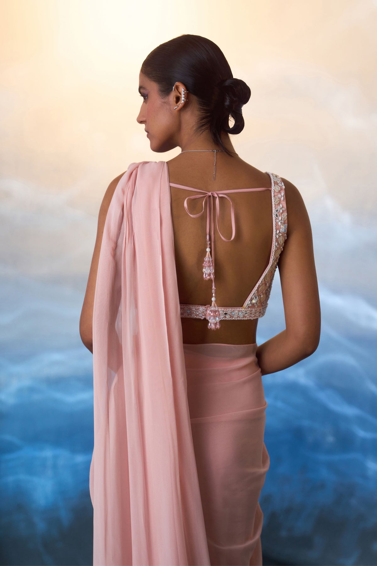Dusty Peach Drape Saree Set