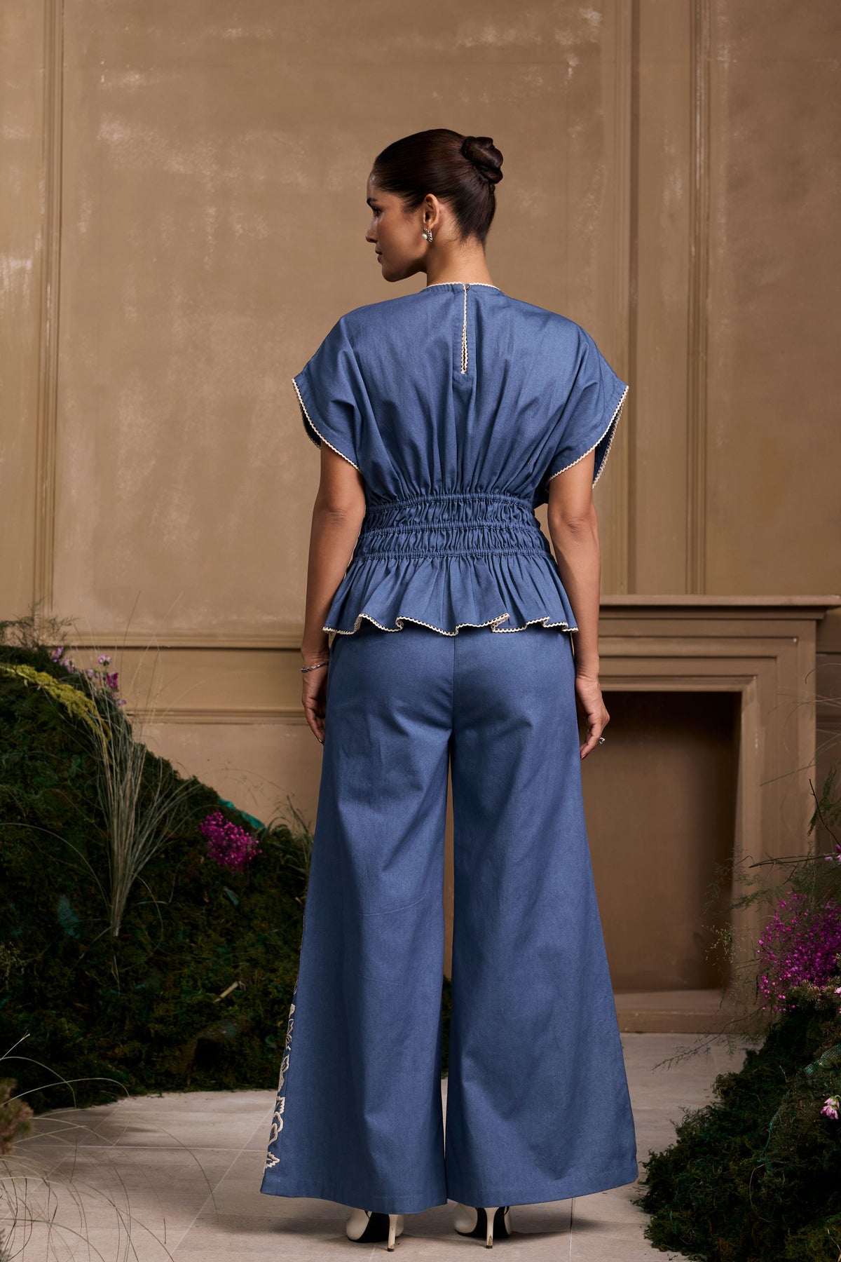 Blue Contrast Cutwork Pleated Top