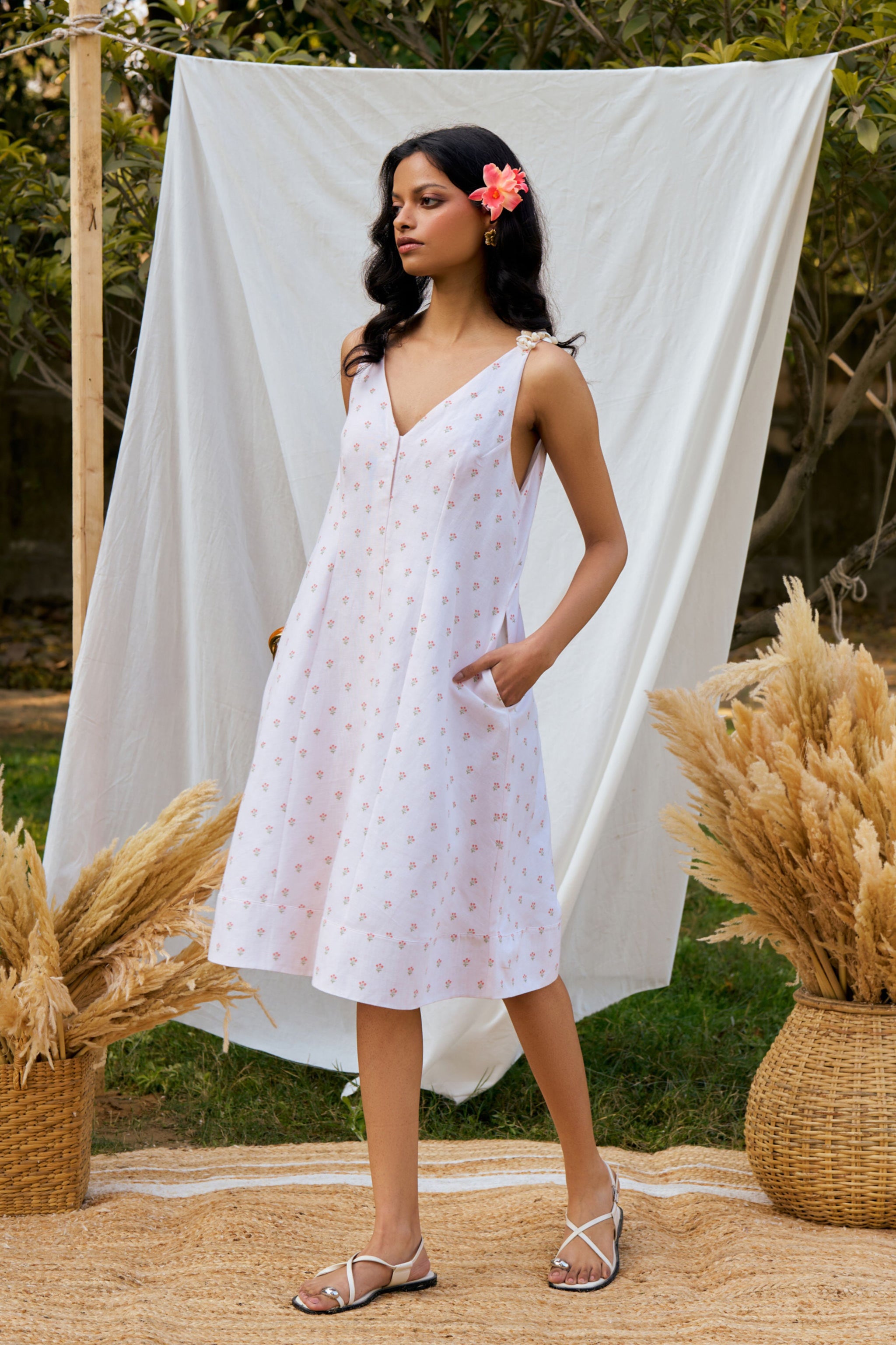 Moh India Women Printed V-Neck A-Line Dress For Women (Nude, XS) Moh India Women Printed V-Neck A-Line Dress For Women (Nude, XS)