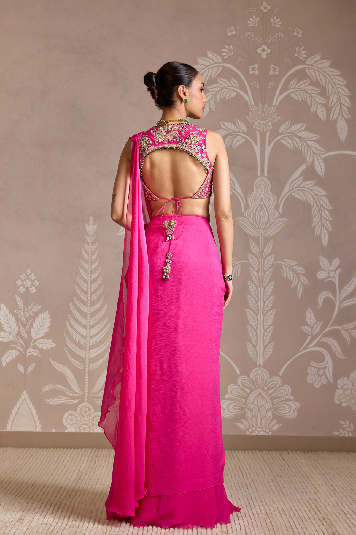 Bright Fucshia Drape Saree Set