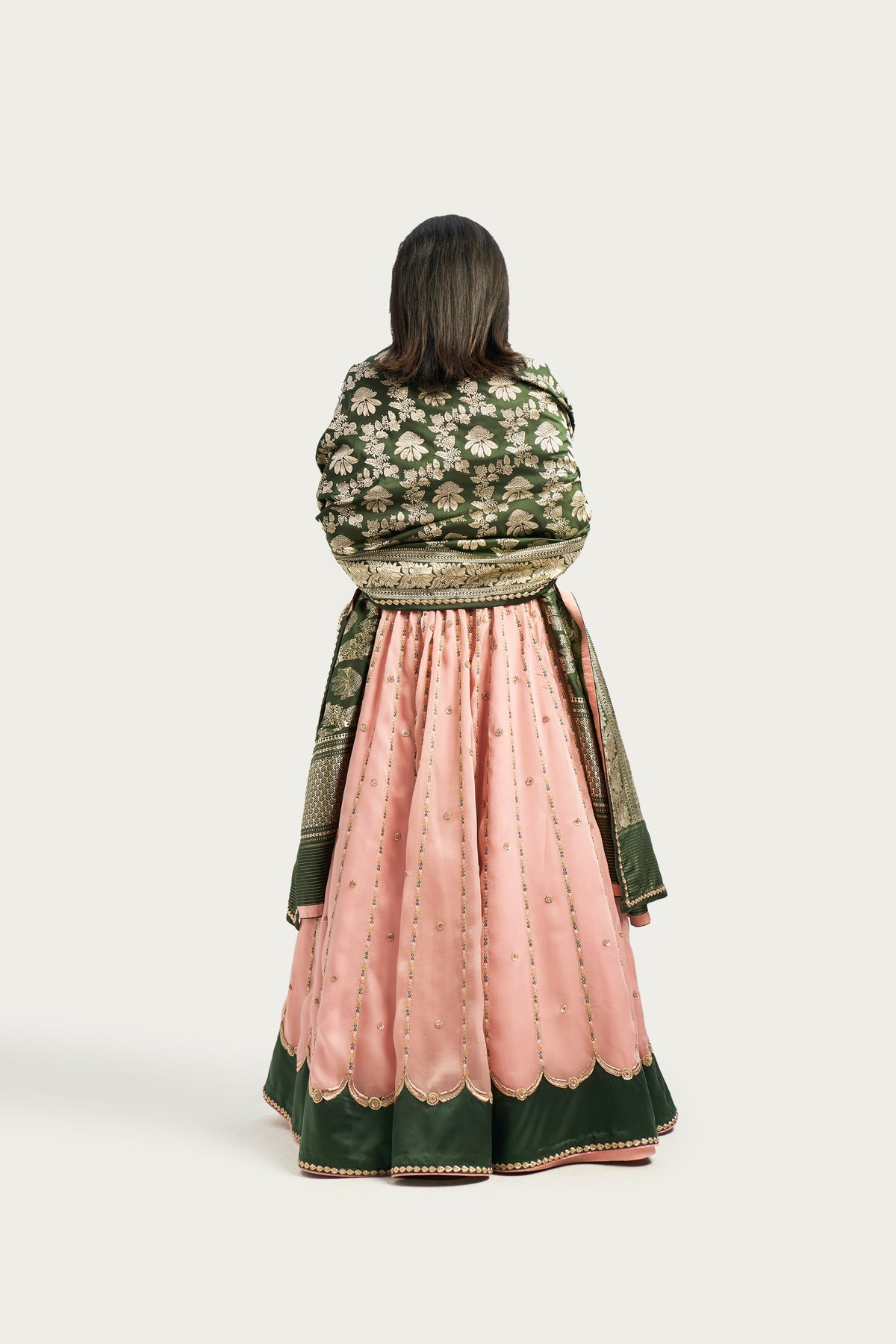 Firdaus pale pink olive lehenga set
