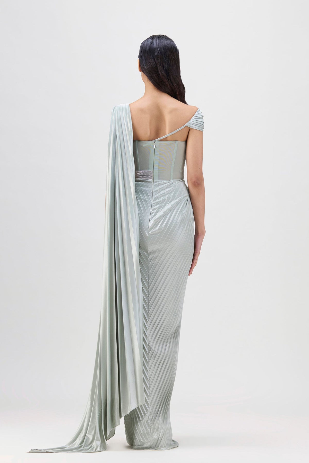 Sage Structured Plisse Saree