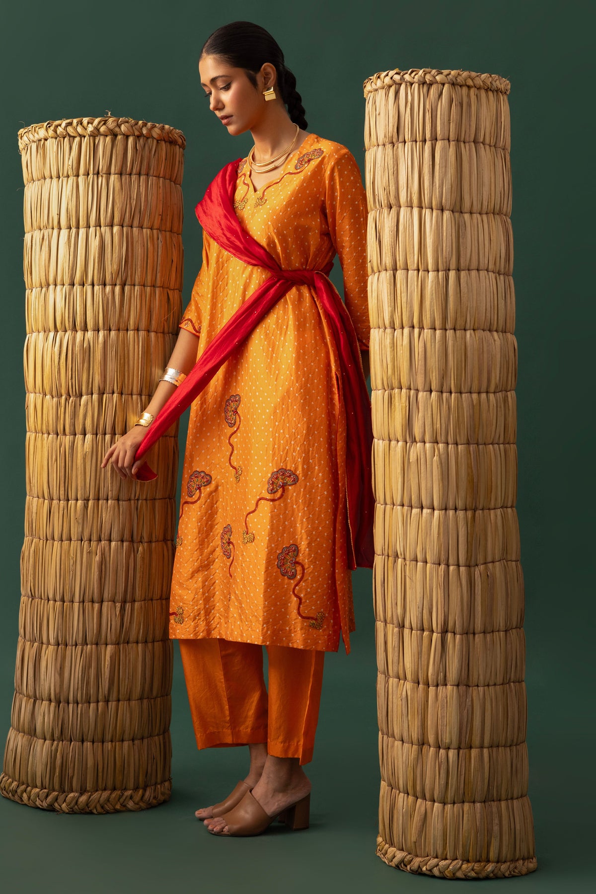 Orange Bandhani Aari Kurta Set