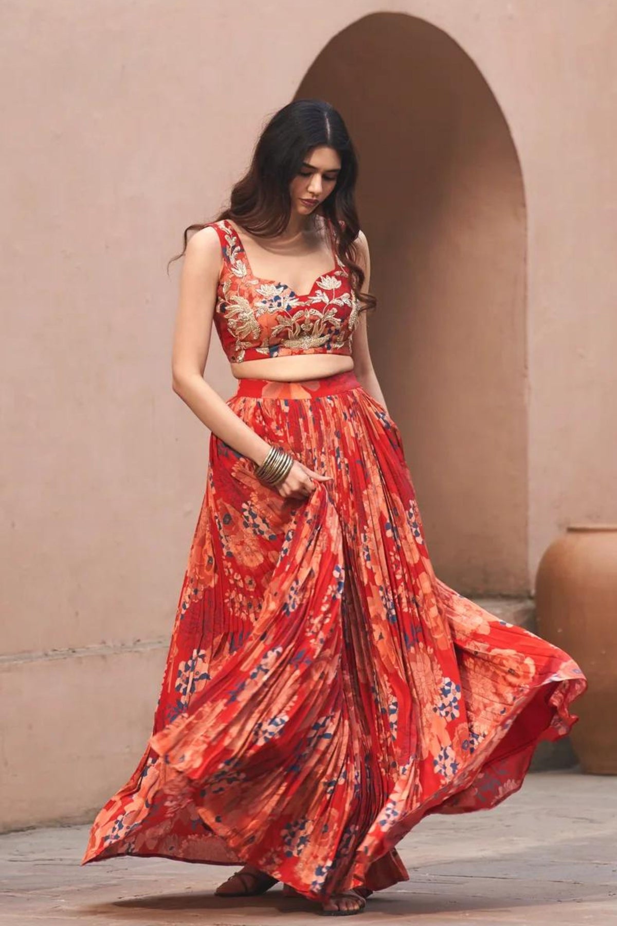 Red Moroccan Pleated Skirt Set