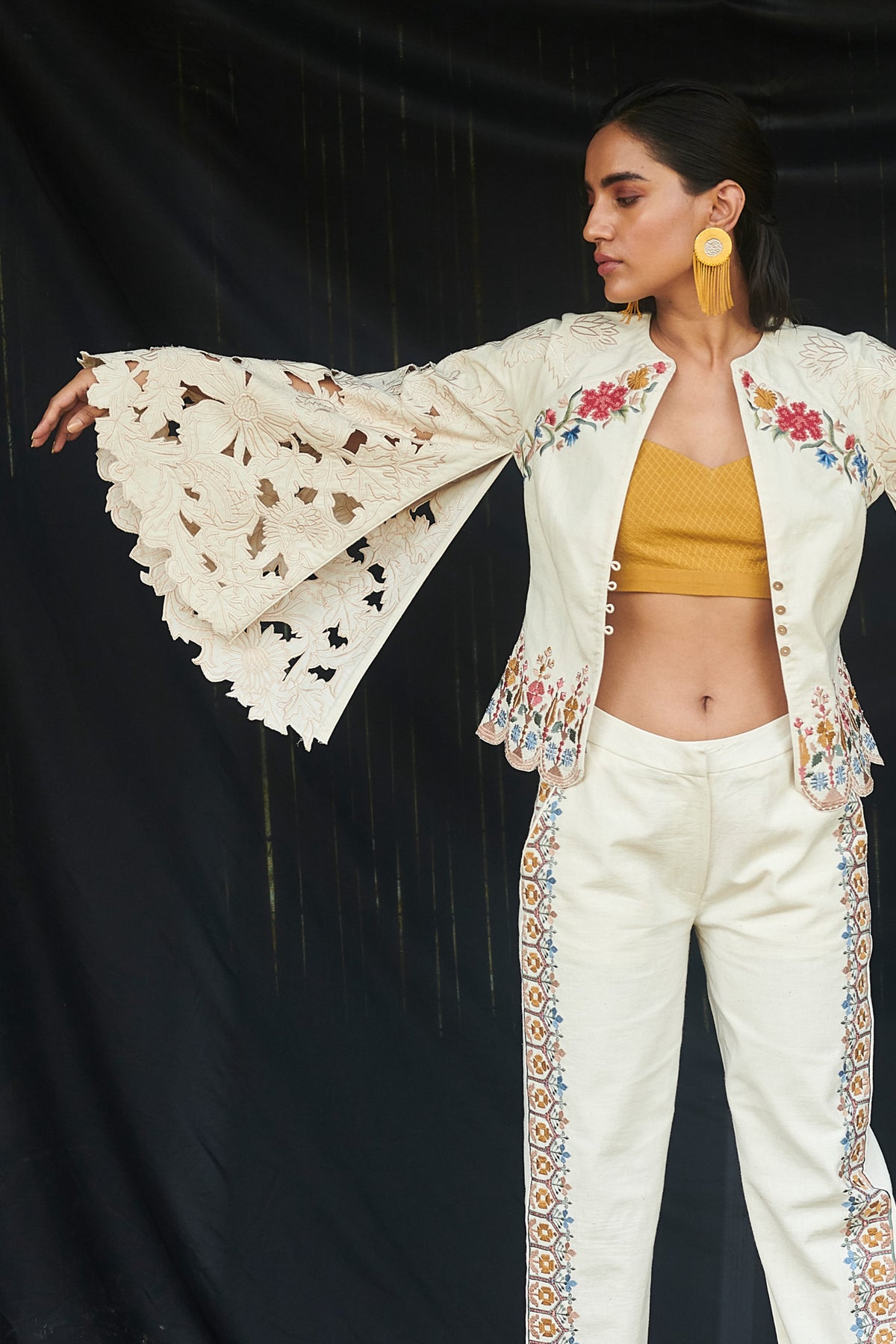 Ivory embroidered pants