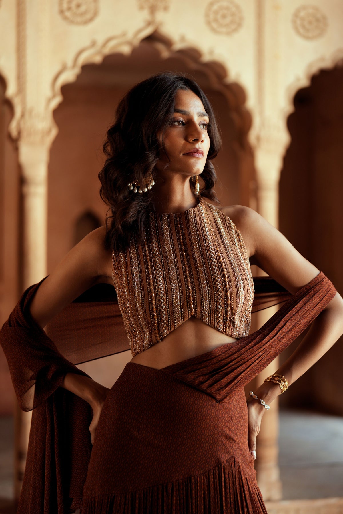 Brown Pre Stitch Drape Saree Set