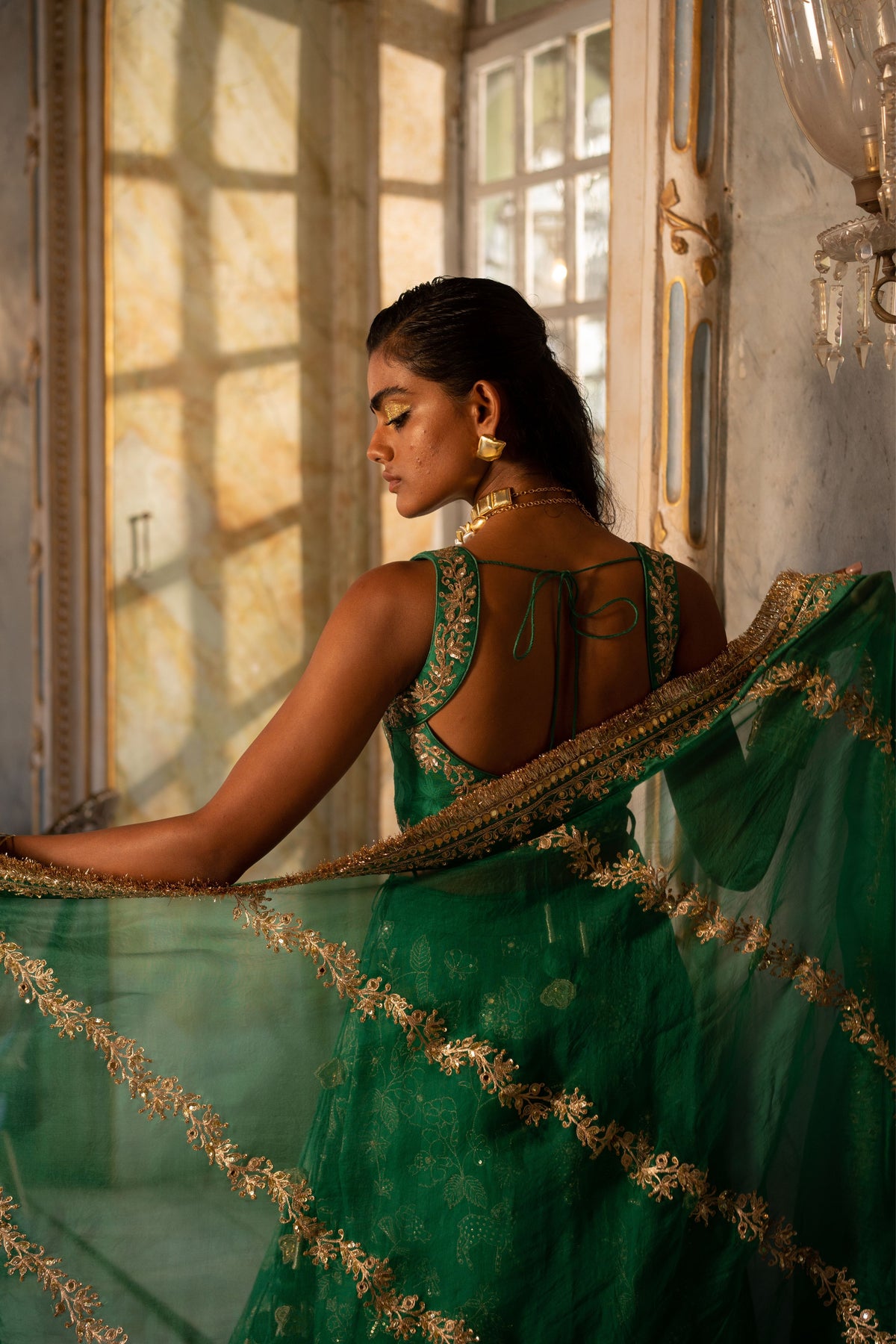 Green Self Woven Lehenga Set