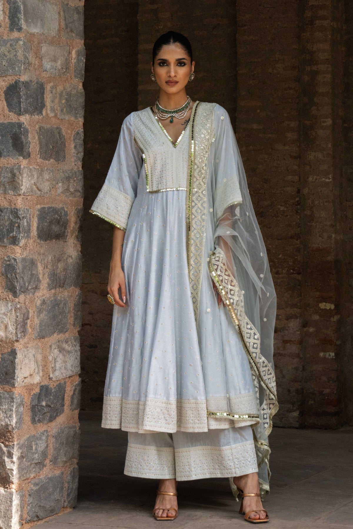 Big Border Ice Blue Anarkali Set