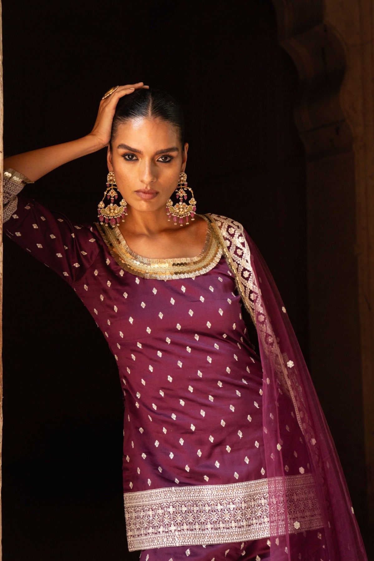 Wine Embroidered Sharara Set