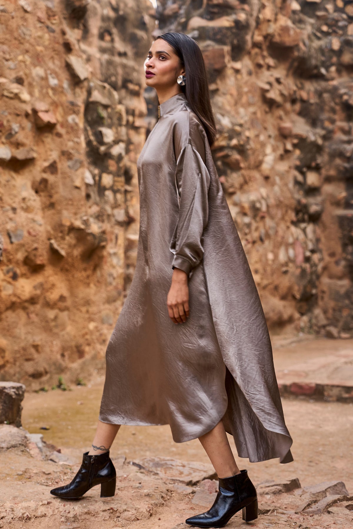Grey Zip Neck Midi Dress