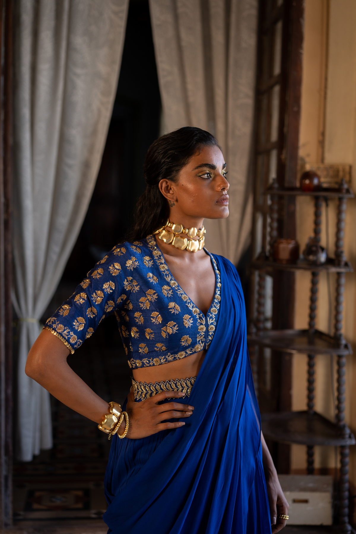 Blue Antique Embroidered Sari Set