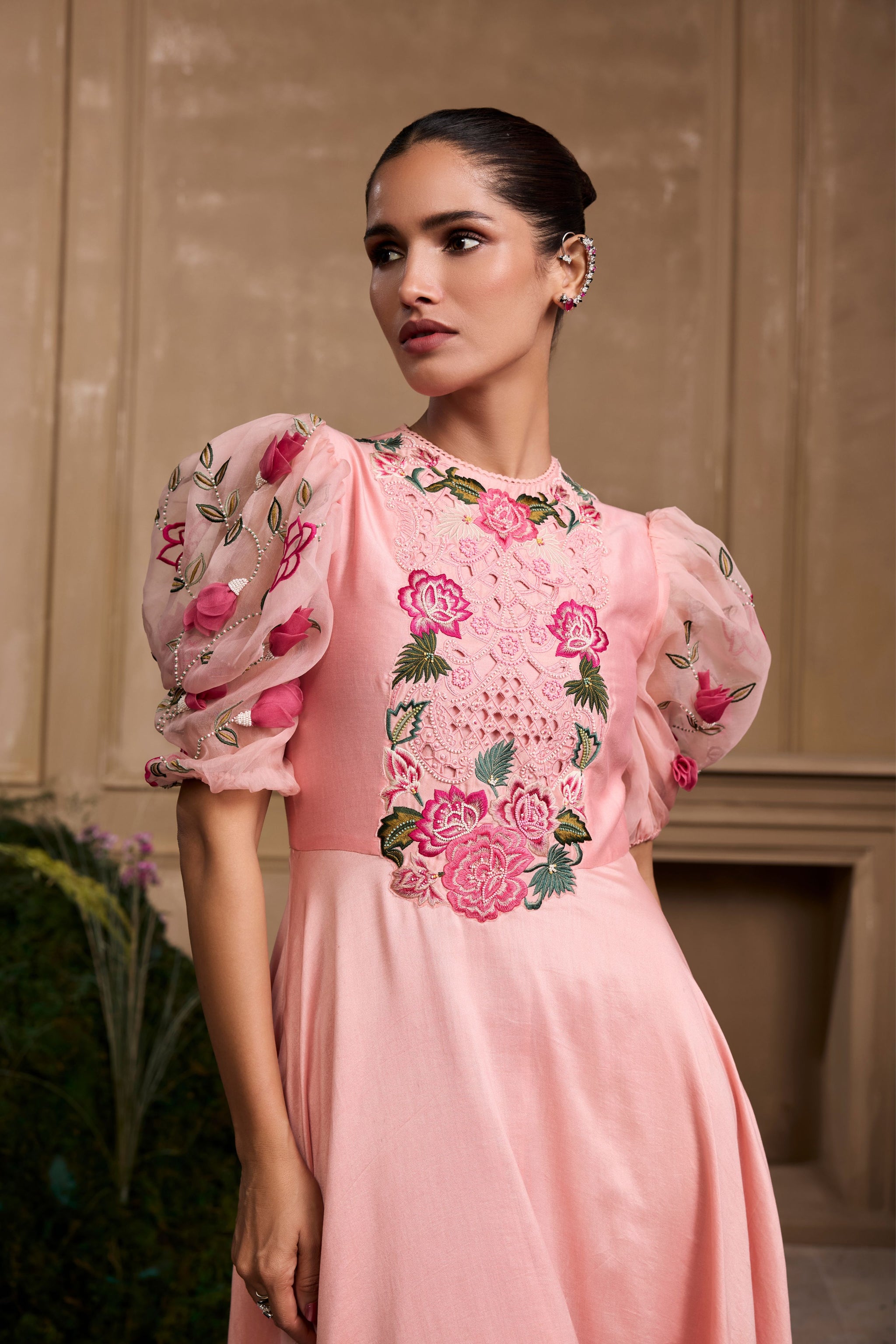Chandrima Rose Pink Embroidered Flounce Dress | Indiaspopup XS Chandrima Rose Pink Embroidered Flounce Dress | Indiaspopup XS