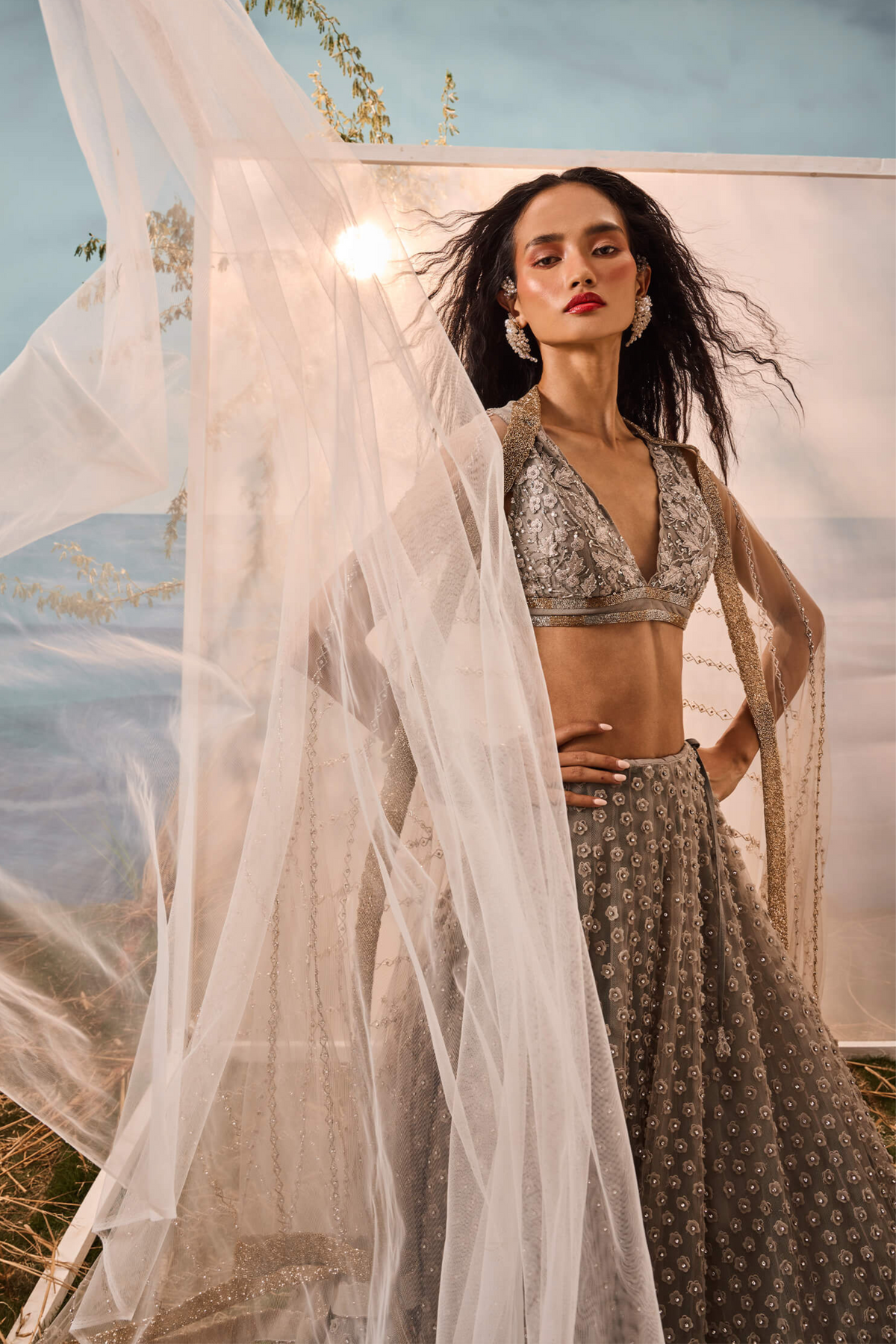 Grey 3d Flower Lehenga Set
