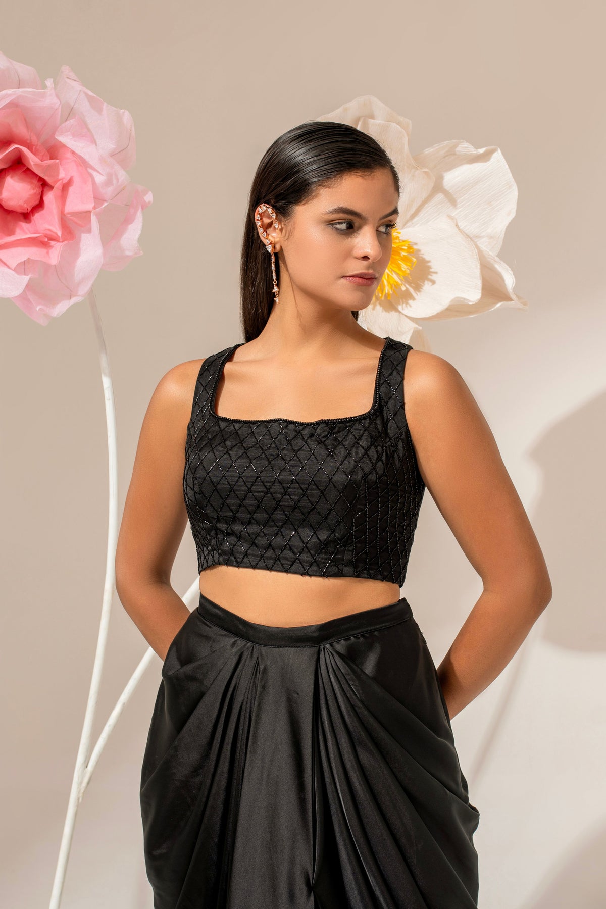 Black Satin Embroidered Cape Set