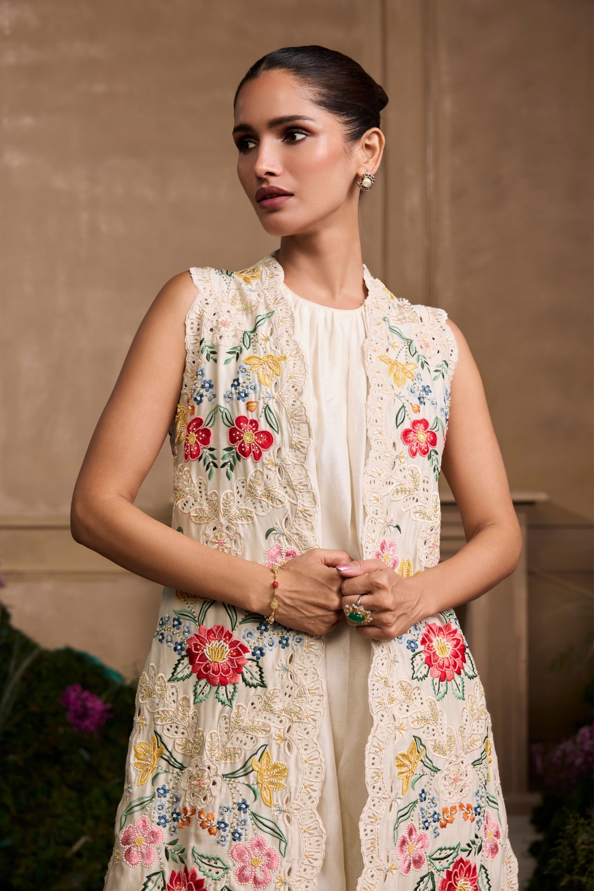 Ivory Floral Embroidered Long Jacket