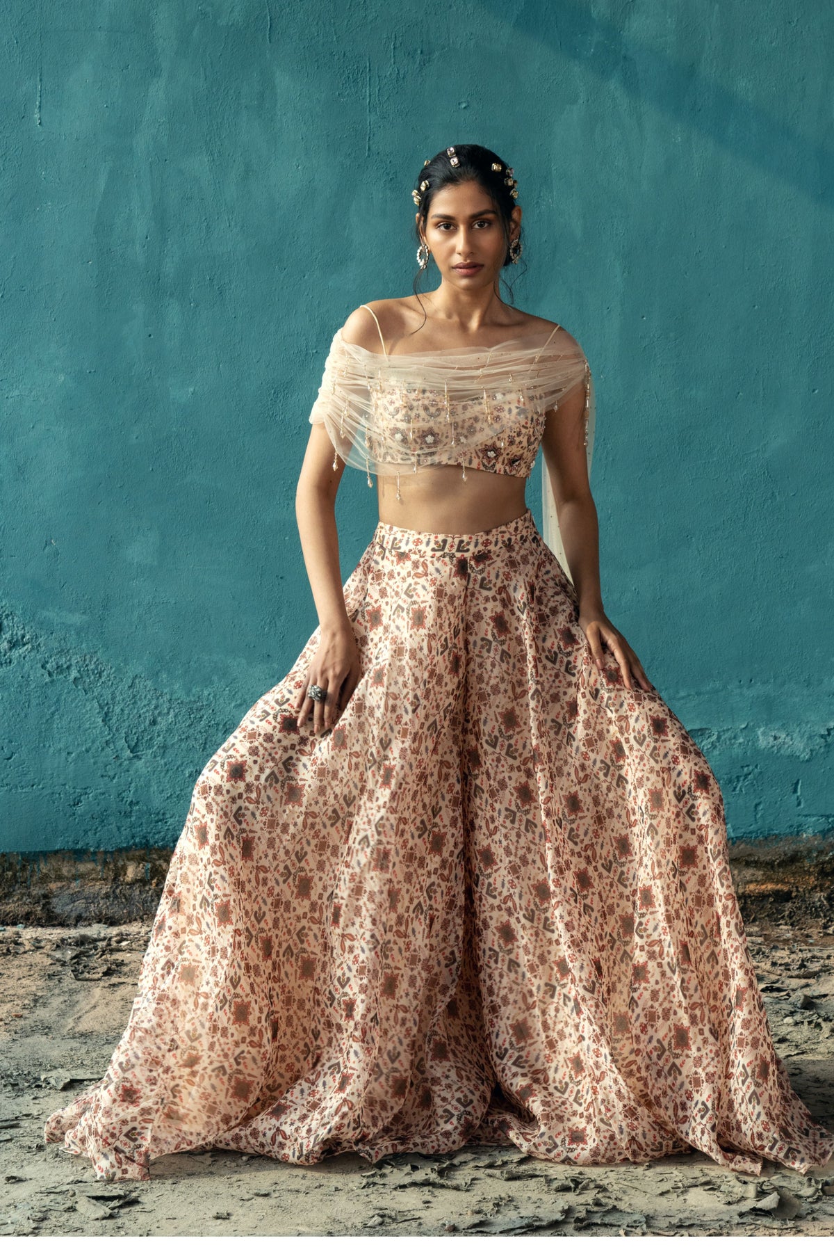 Ivory Sharara Set With Drape