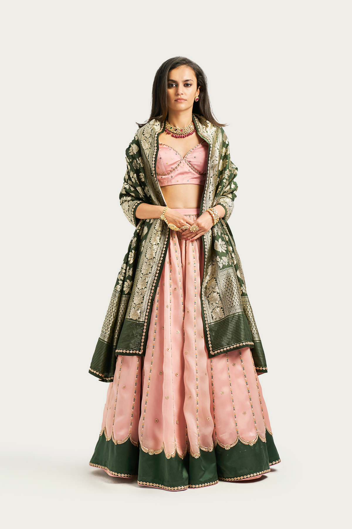 Firdaus pale pink olive lehenga set
