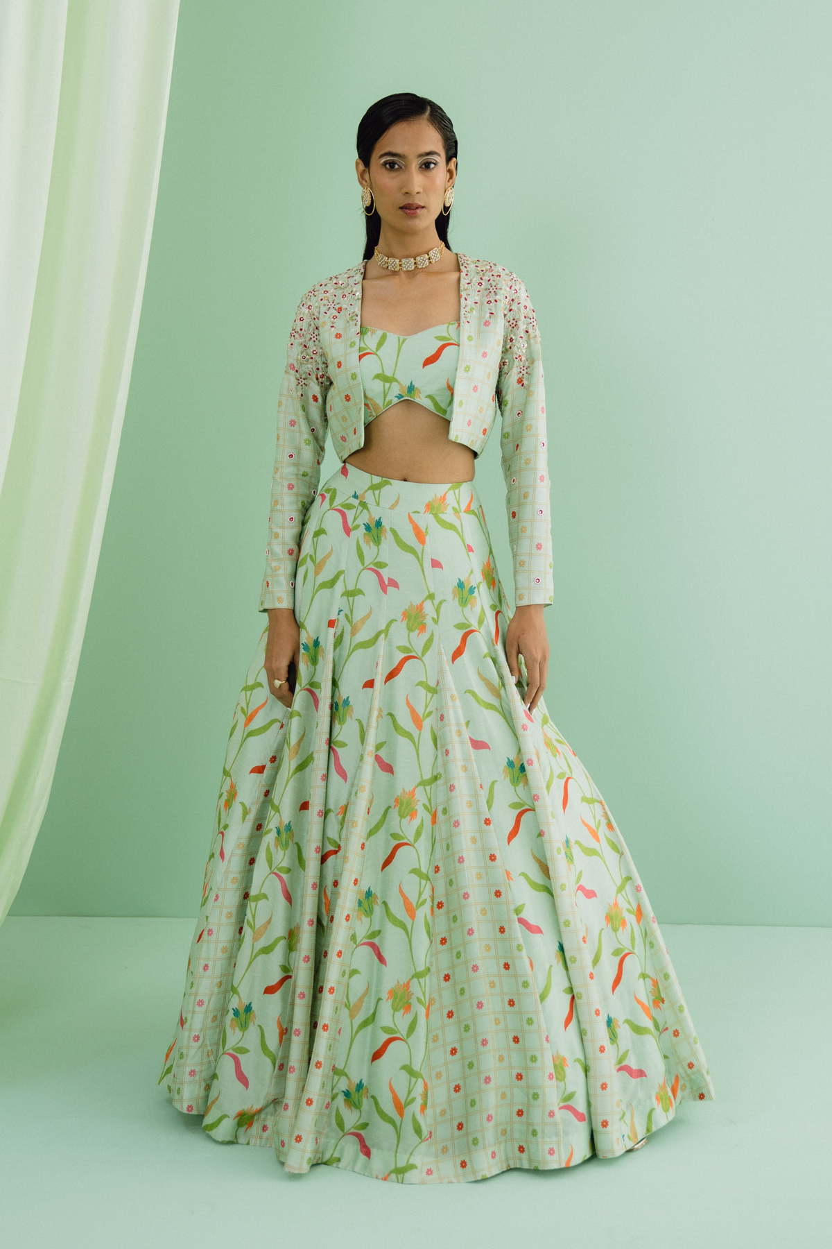 Green Godet Lehenga Set