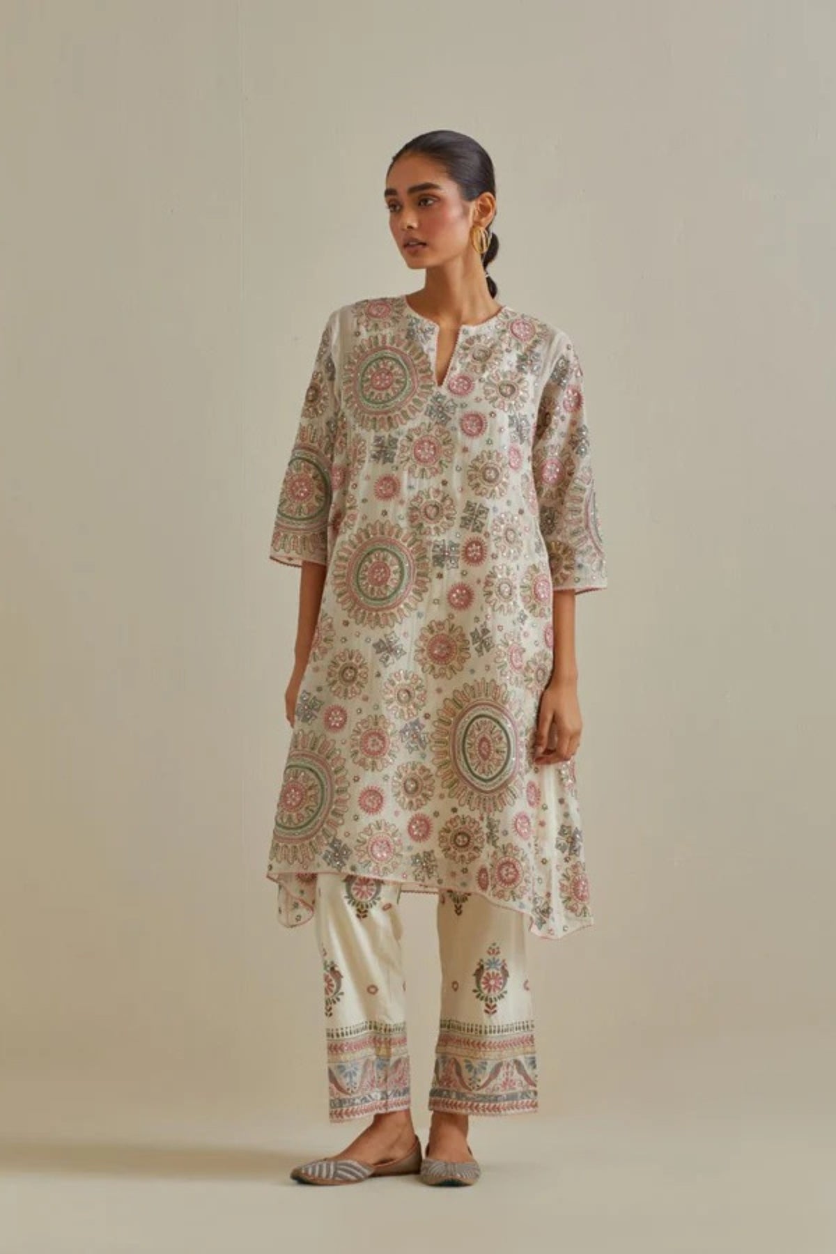 Pink and Off White Kurta Set